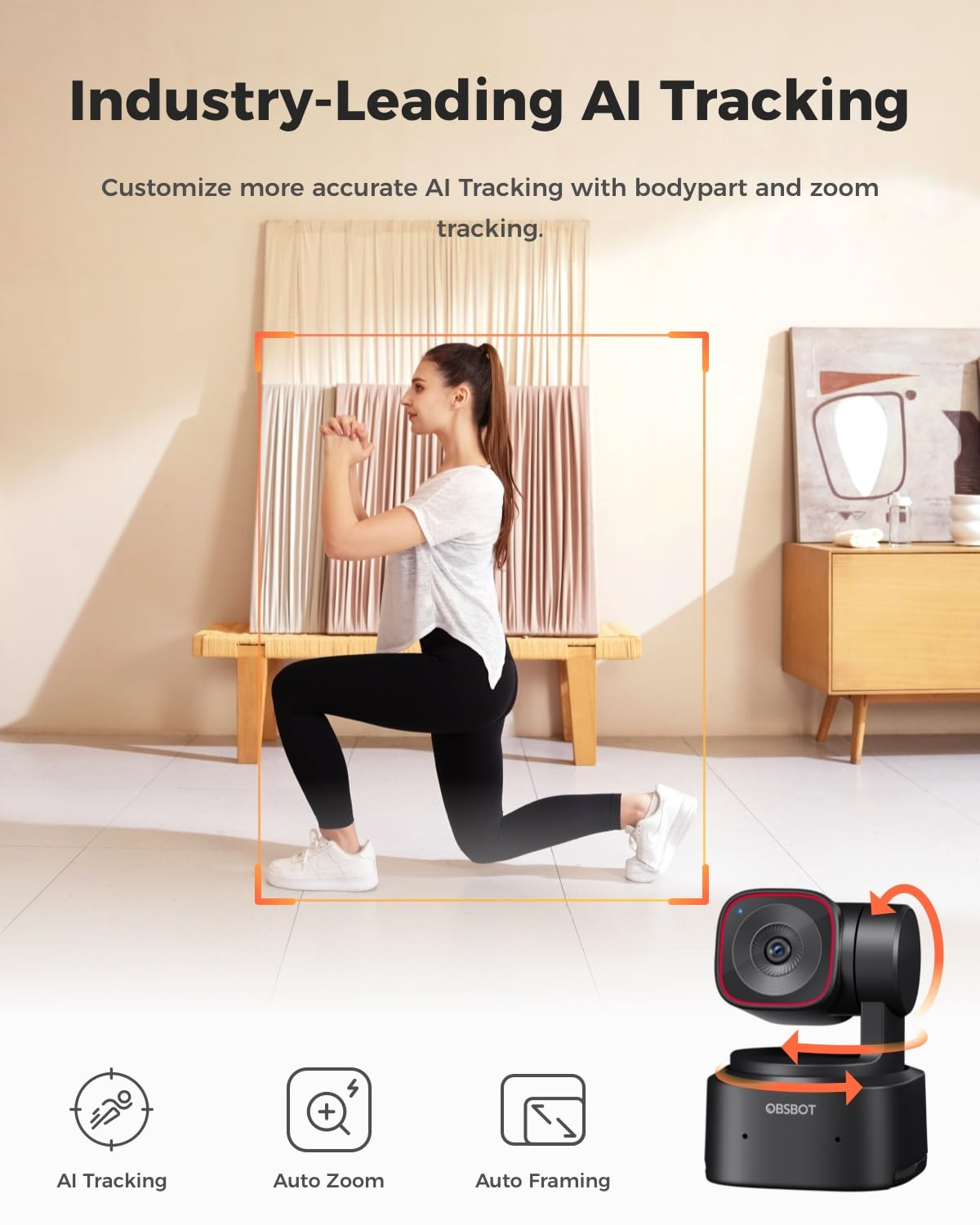Donna che fa affondi, tracciata da una fotocamera IA Obsbot con funzioni di tracciamento, zoom e inquadratura.