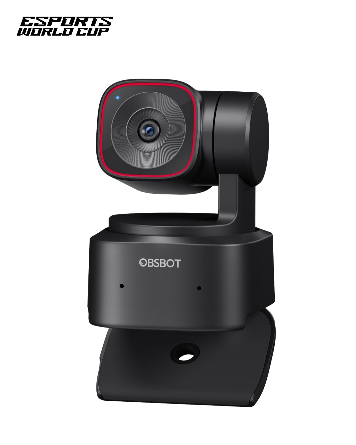 Una webcam OBSBOT nera con un anello rosso luminoso attorno all'obiettivo, montata su un supporto su sfondo bianco.