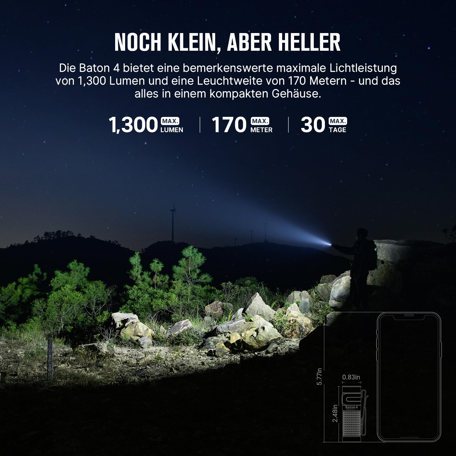 Eine Handlampe leuchtet nachts in der Natur, begleitet von technischen Produktdaten und einer Smartphone-Größenvergleich