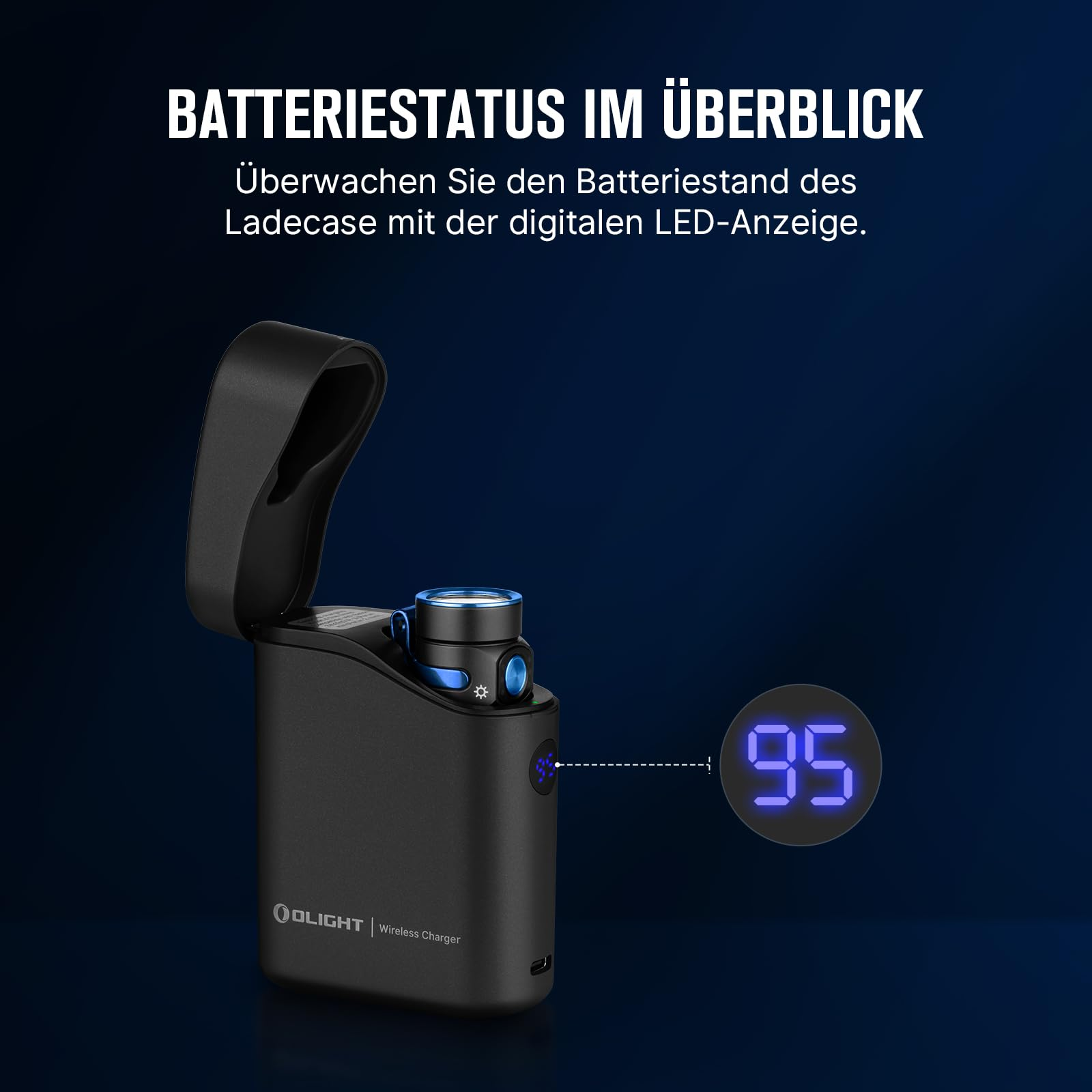 Schwarze Olight Wireless Charger Ladebox mit offener Klappe, blauem LED-Batteriestatus 95% und Text oben.