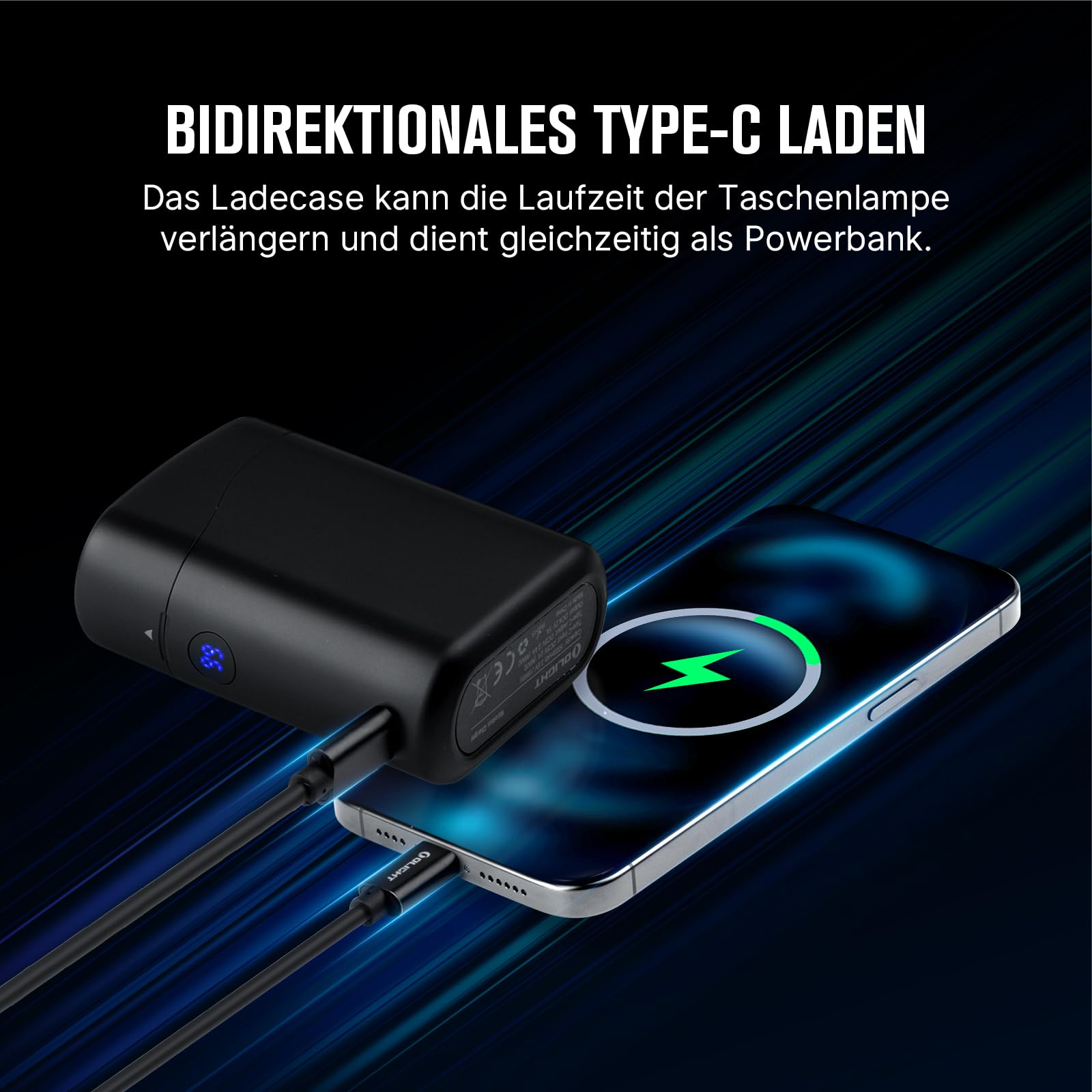 Schwarzes Ladecase über Typ-C-Kabel mit Smartphone verbunden, dient als Powerbank vor dunklem Hintergrund.