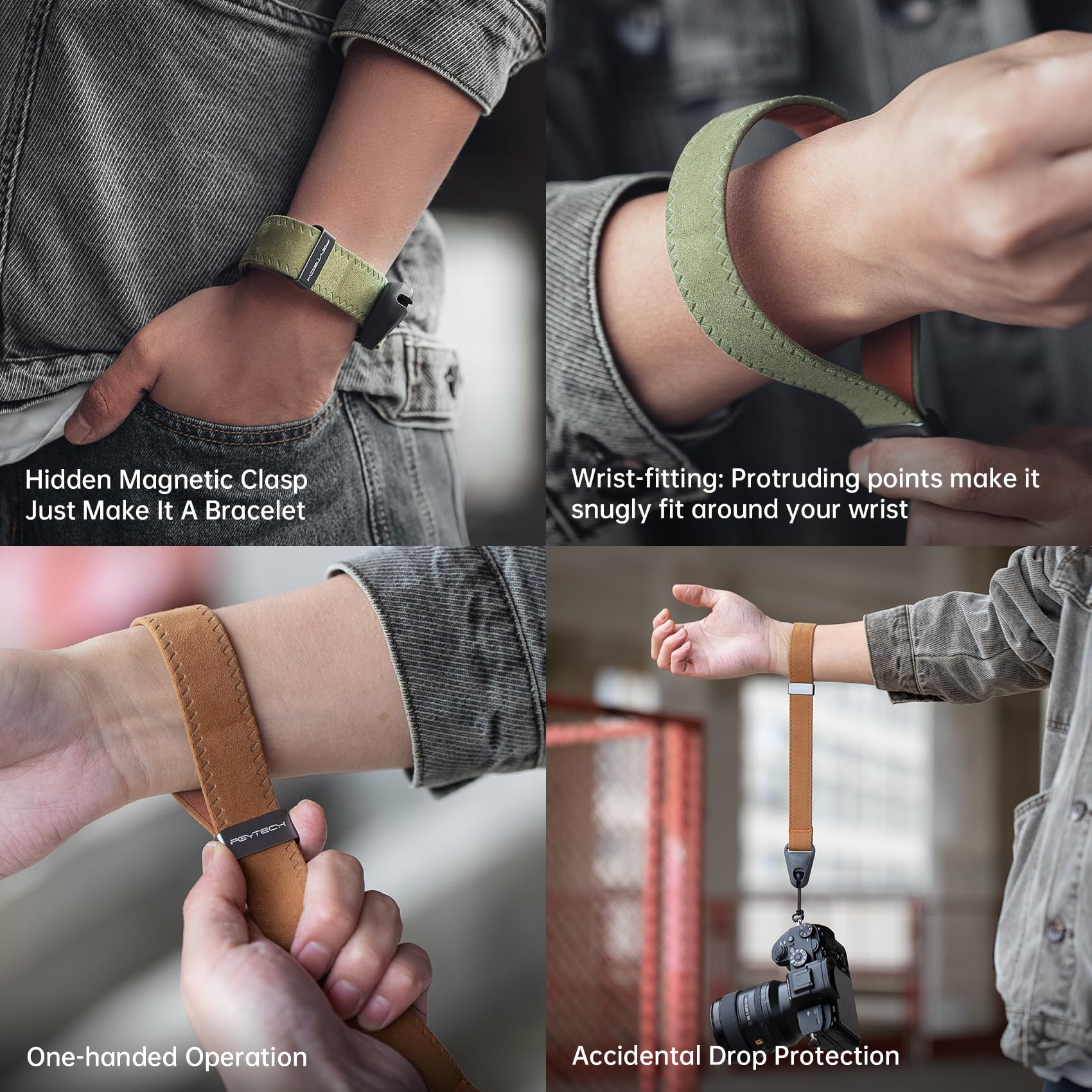 Vier Felder zeigen einen grünen und braunen Kamerahandschlaufe am Handgelenk mit Funktionen und Einhandbedienung.