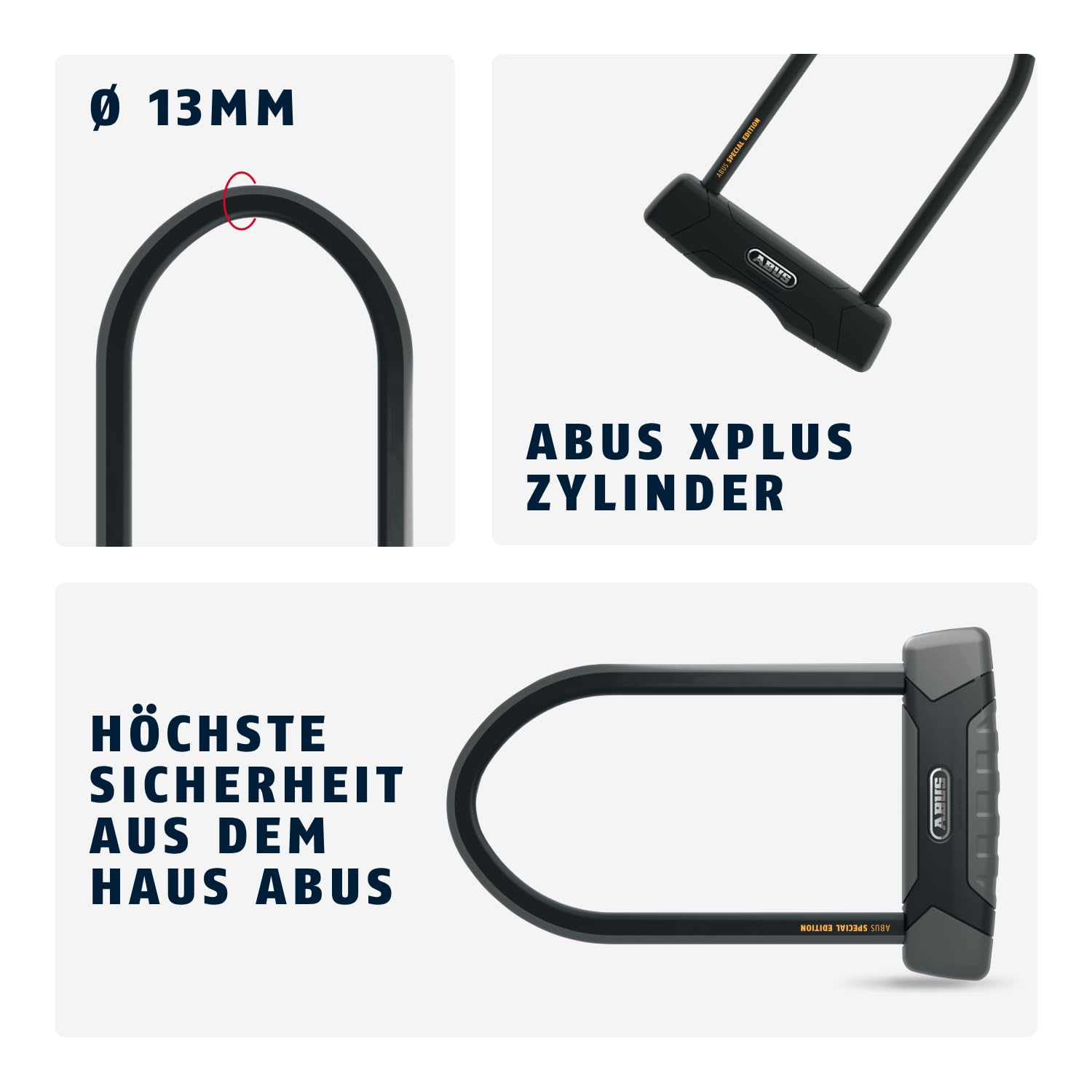 Antivol U Abus avec anse en acier de 13 mm et cylindre XPlus pour une sécurité maximale.