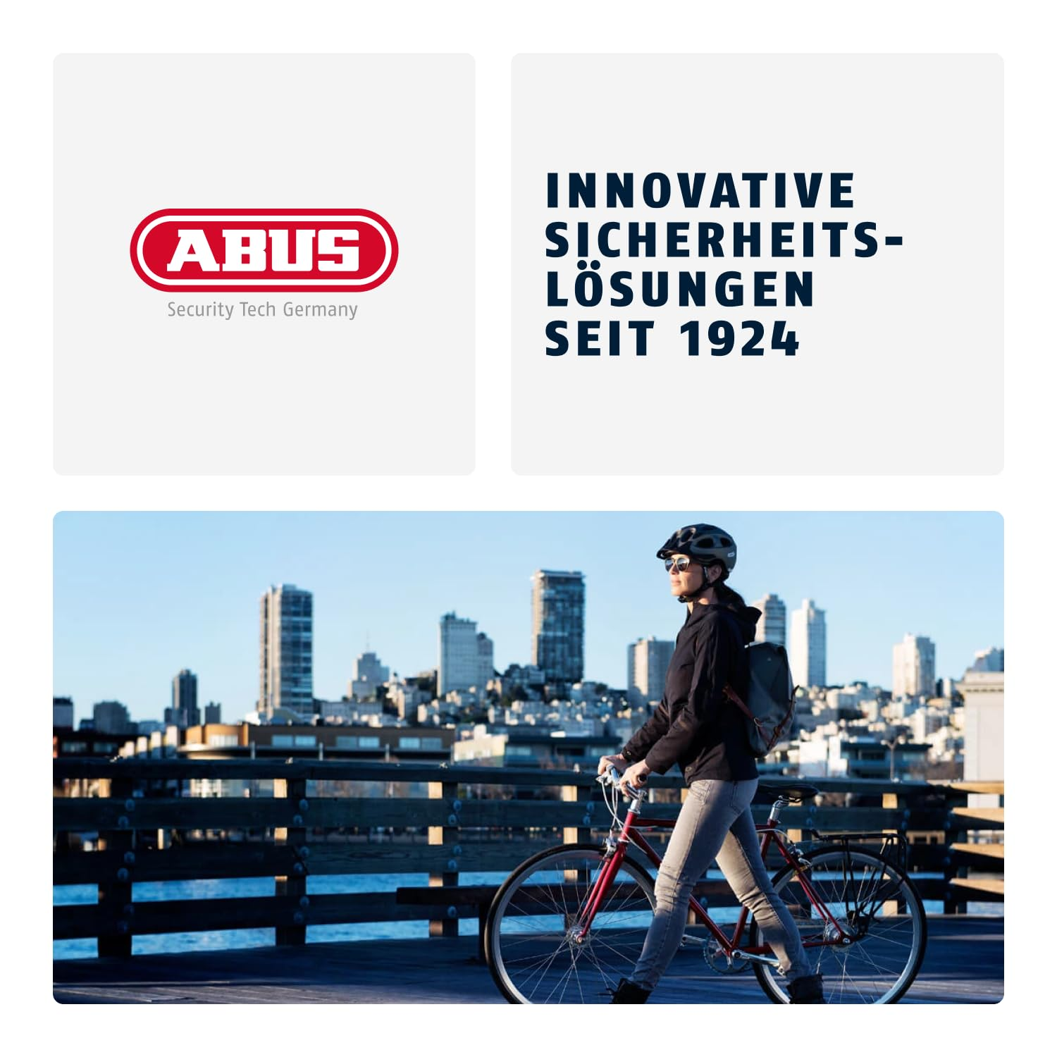 Logo Abus, slogan et femme à vélo devant une silhouette urbaine.