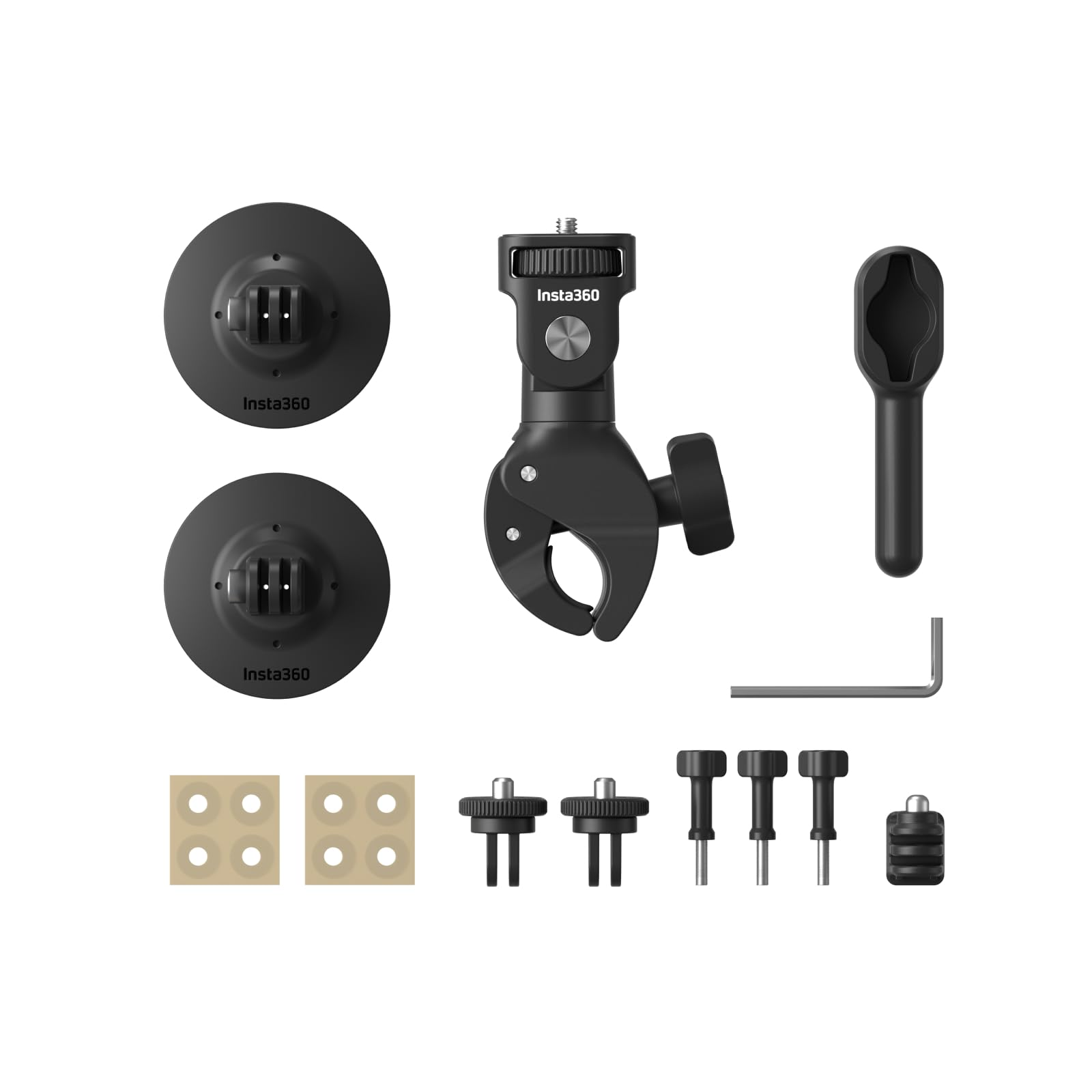 Verschiedene schwarze Insta360 Kamera-Halterungen, Schrauben, Klebepads und Werkzeuge ordentlich angeordnet.