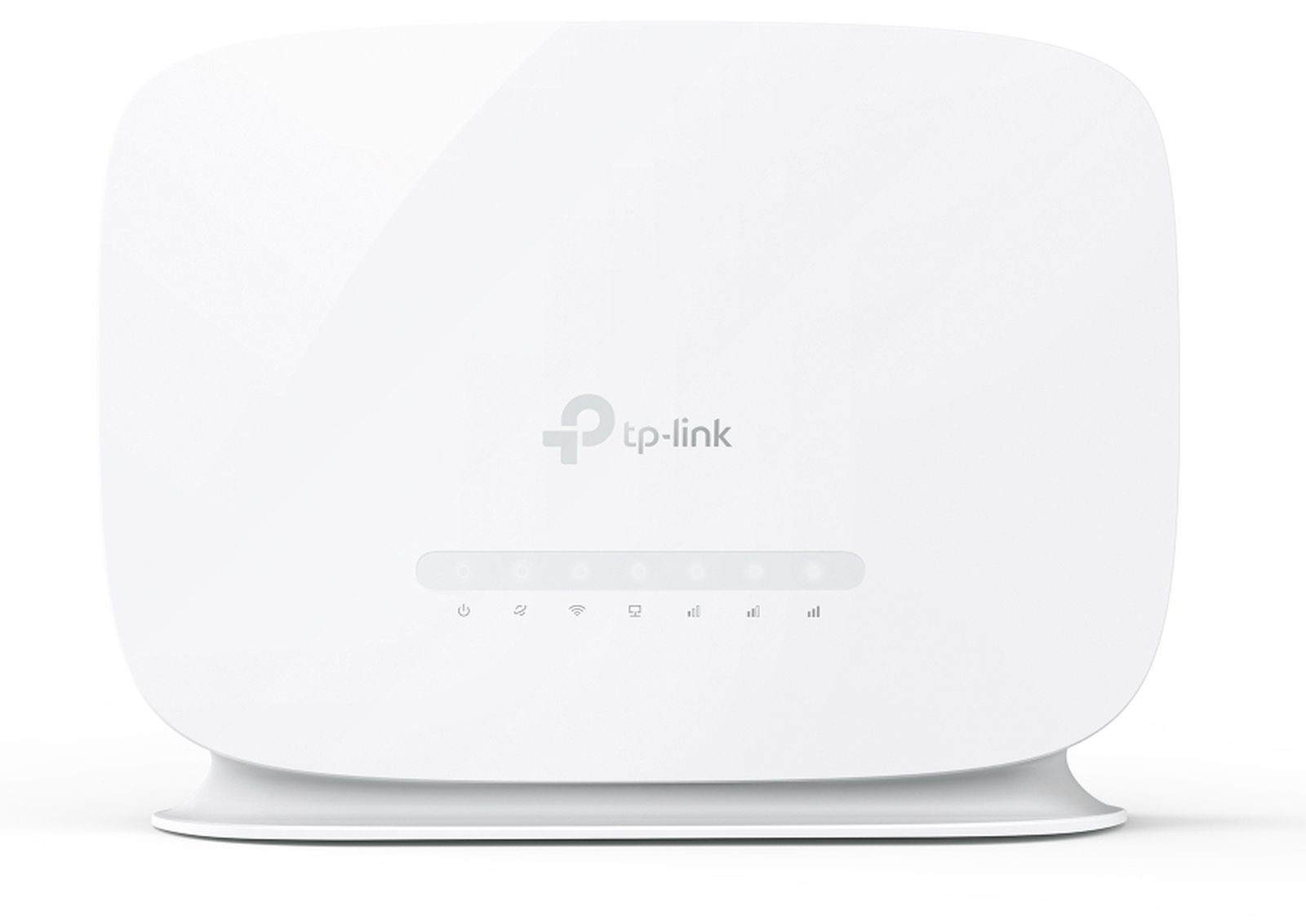 Ein weißer TP-Link Router steht auf einer ebenen Fläche vor weißem Hintergrund.