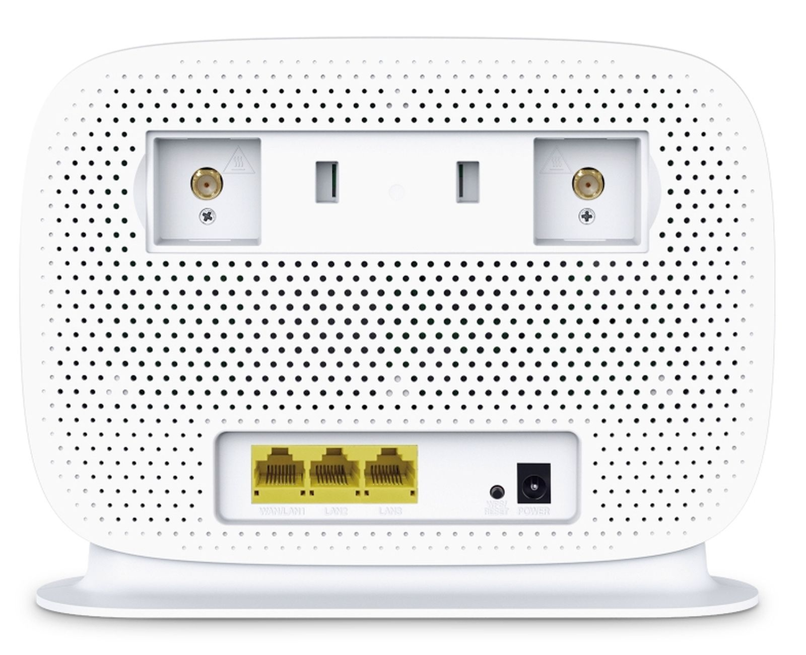 Rückseite eines weißen Routers mit Netzteil, gelben LAN-Anschlüssen und Belüftungsöffnungen auf der Oberfläche.
