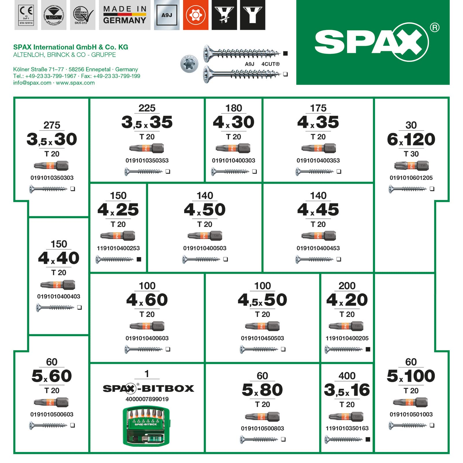 Catalogo di viti SPAX con varie misure, tipi e bit di viti con specifiche tecniche.