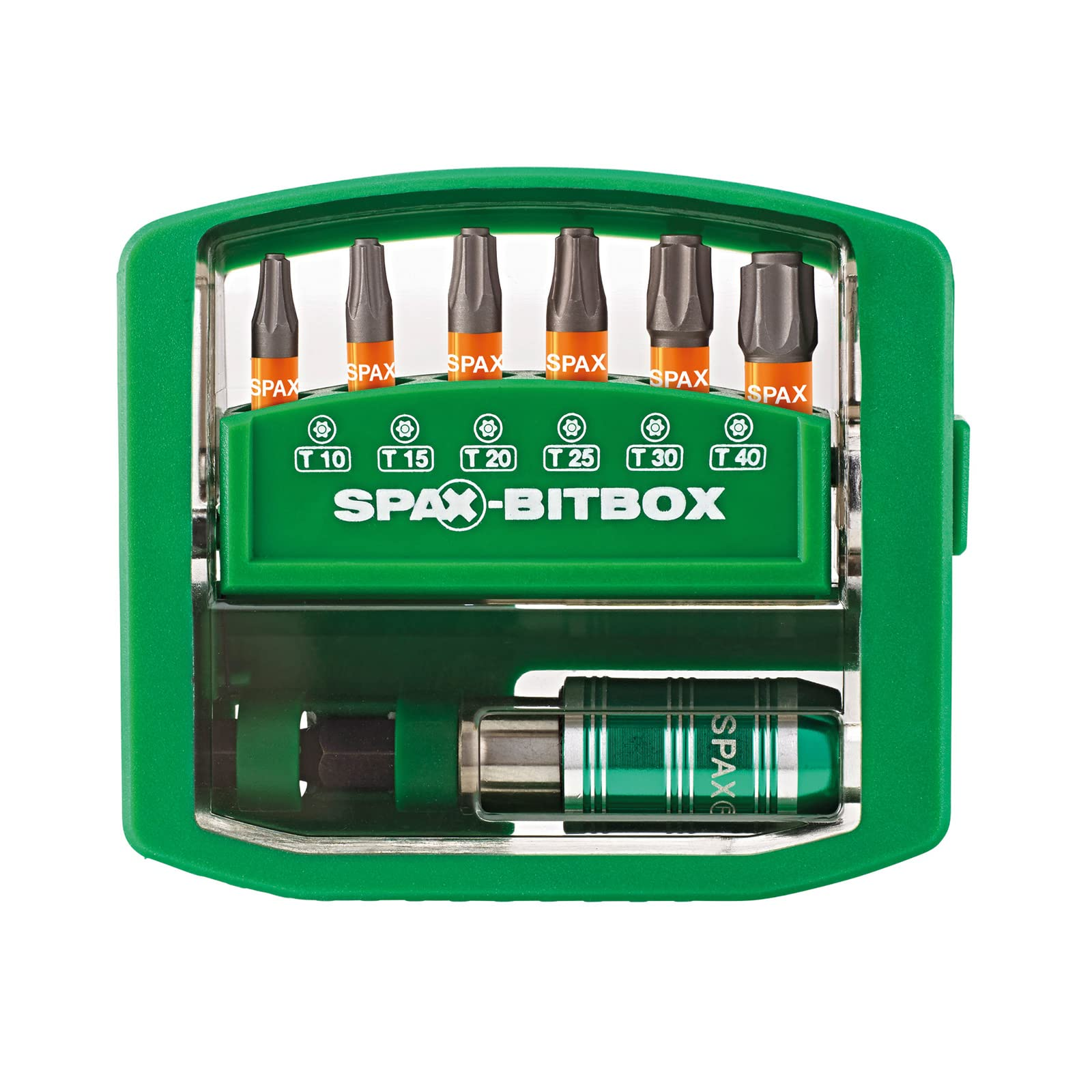 Una Bitbox verde Spax con sei inserti Torx da T10 a T40 e un portainserti, su sfondo bianco.