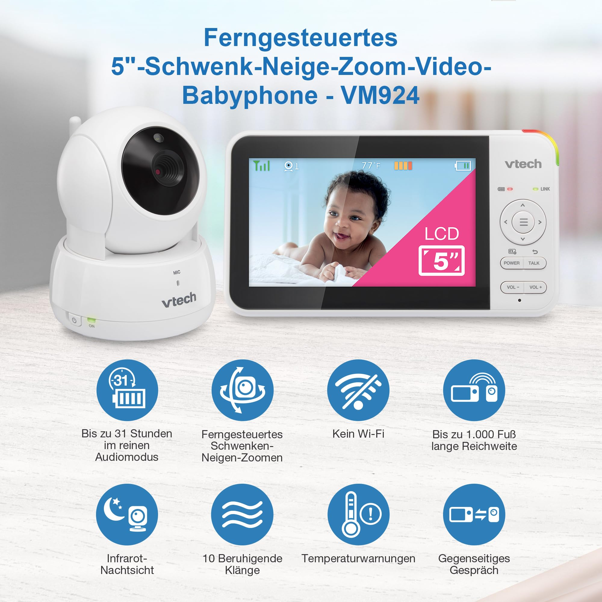 Baby monitor Vtech con telecamera e monitor che mostra un bambino, con icone delle funzioni sotto.