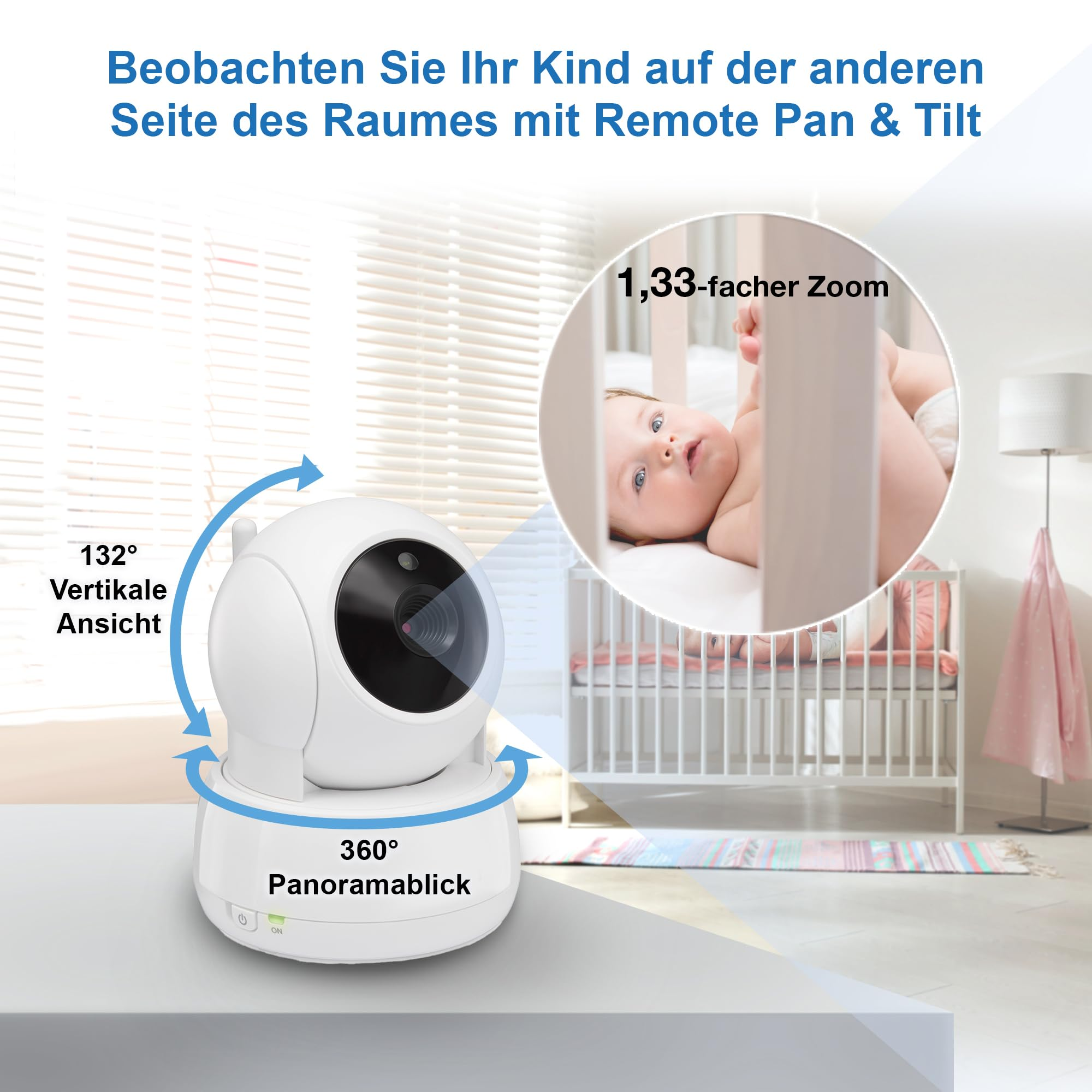 Videocamera per neonati bianca su un tavolo con inserto del bambino.