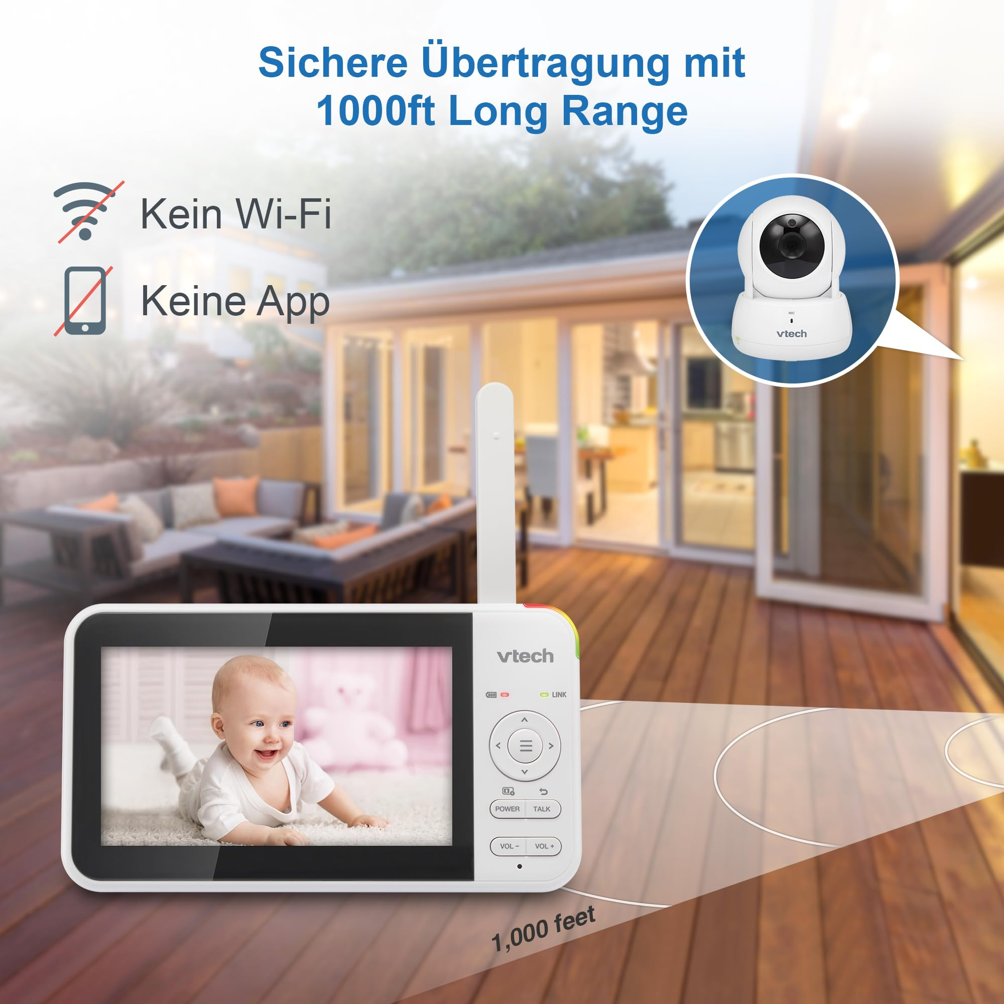Videocitofono per bambini VTech con unità genitori che mostra un bambino e telecamera, su terrazza.