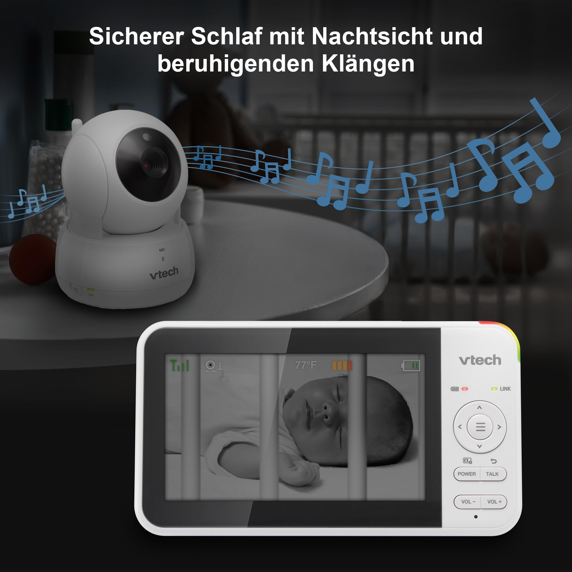 Baby monitor VTech con telecamera e schermo che mostra un neonato che dorme.