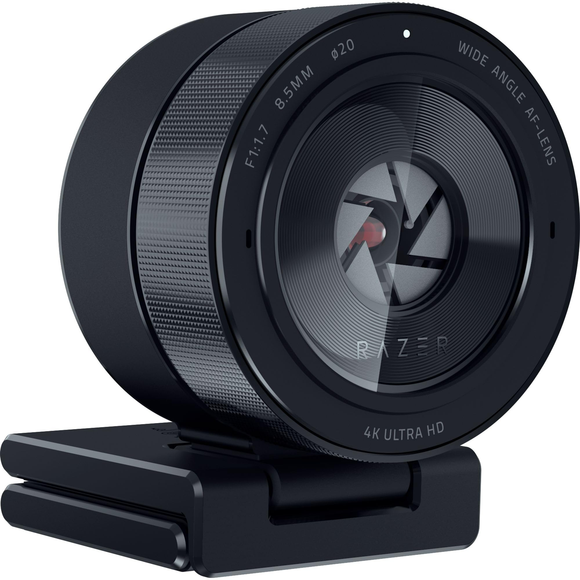 Webcam Razer 4K Ultra HD nera con obiettivo grandangolare e corpo testurizzato su supporto.