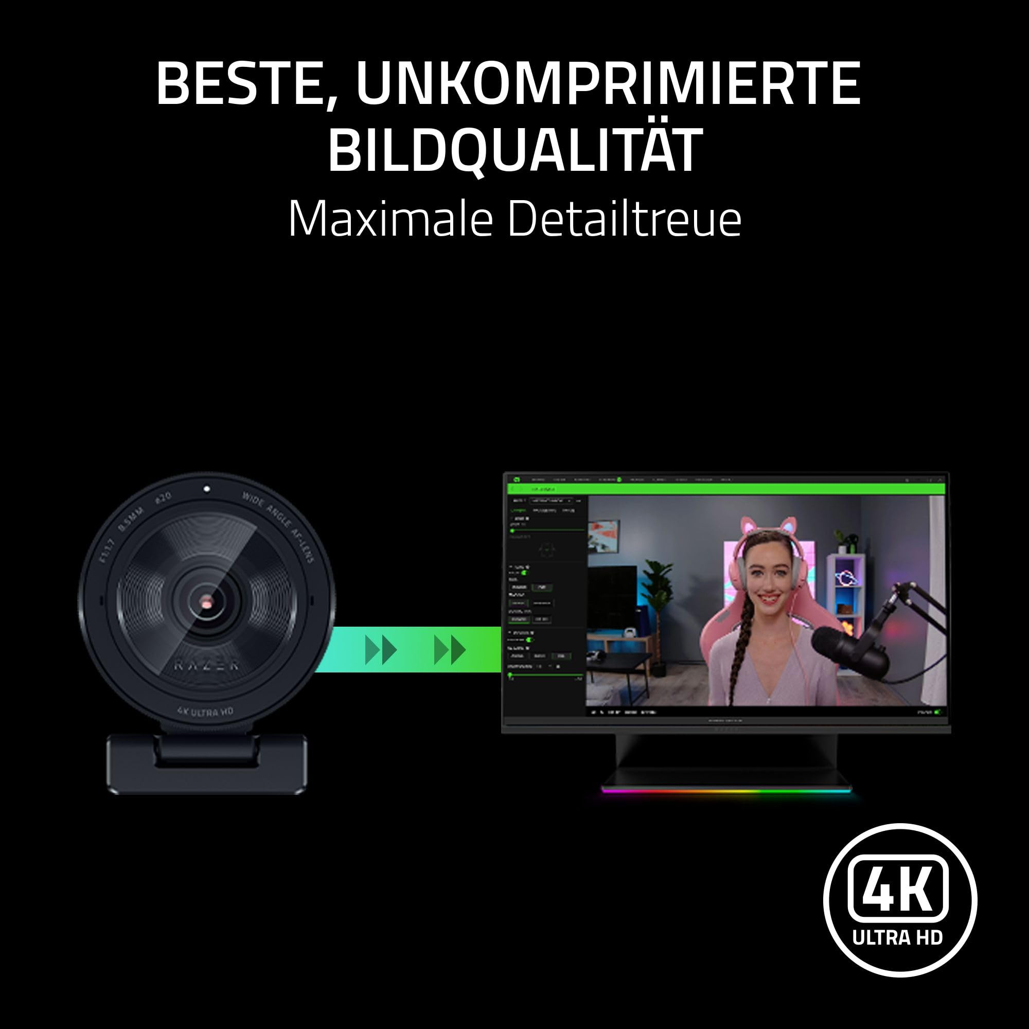 La webcam si collega al monitor che mostra una streamer in 4K Ultra HD.