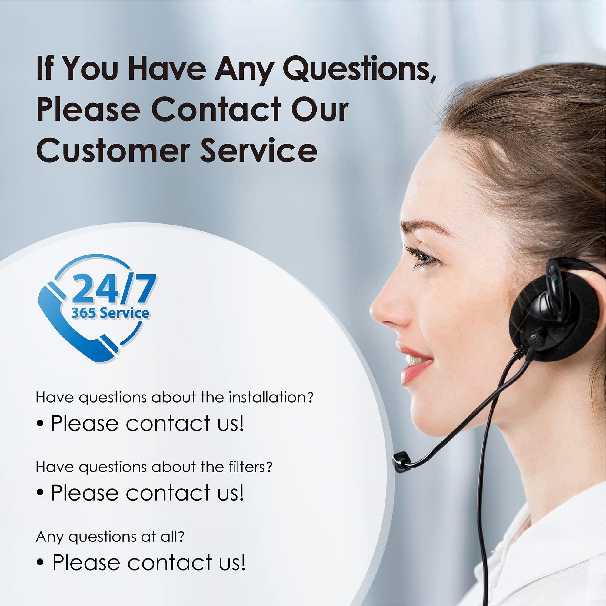 Agente del servizio clienti con cuffie, accompagnato da logo di servizio 24/7 e contatti.