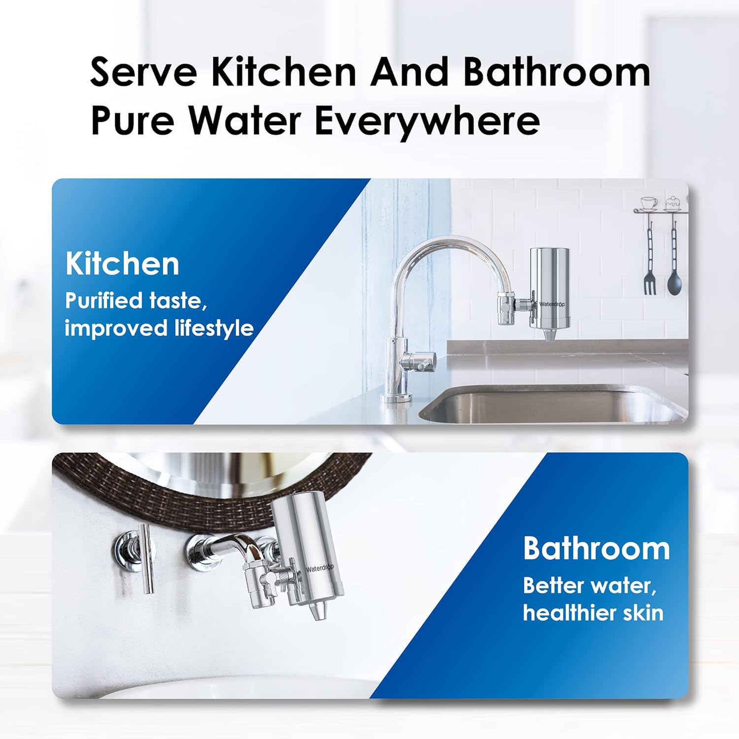 Filtri d'acqua installati su rubinetti di cucina e bagno.