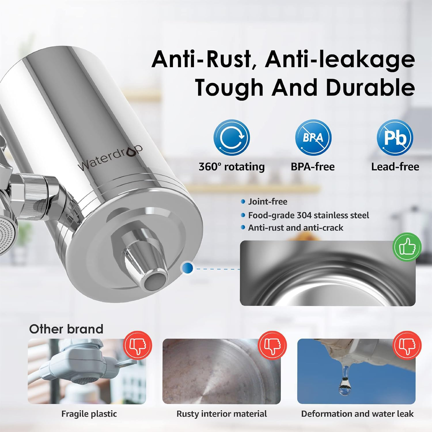 Filtro per rubinetto in acciaio inossidabile Waterdrop che evidenzia durata, antiruggine e confronto.