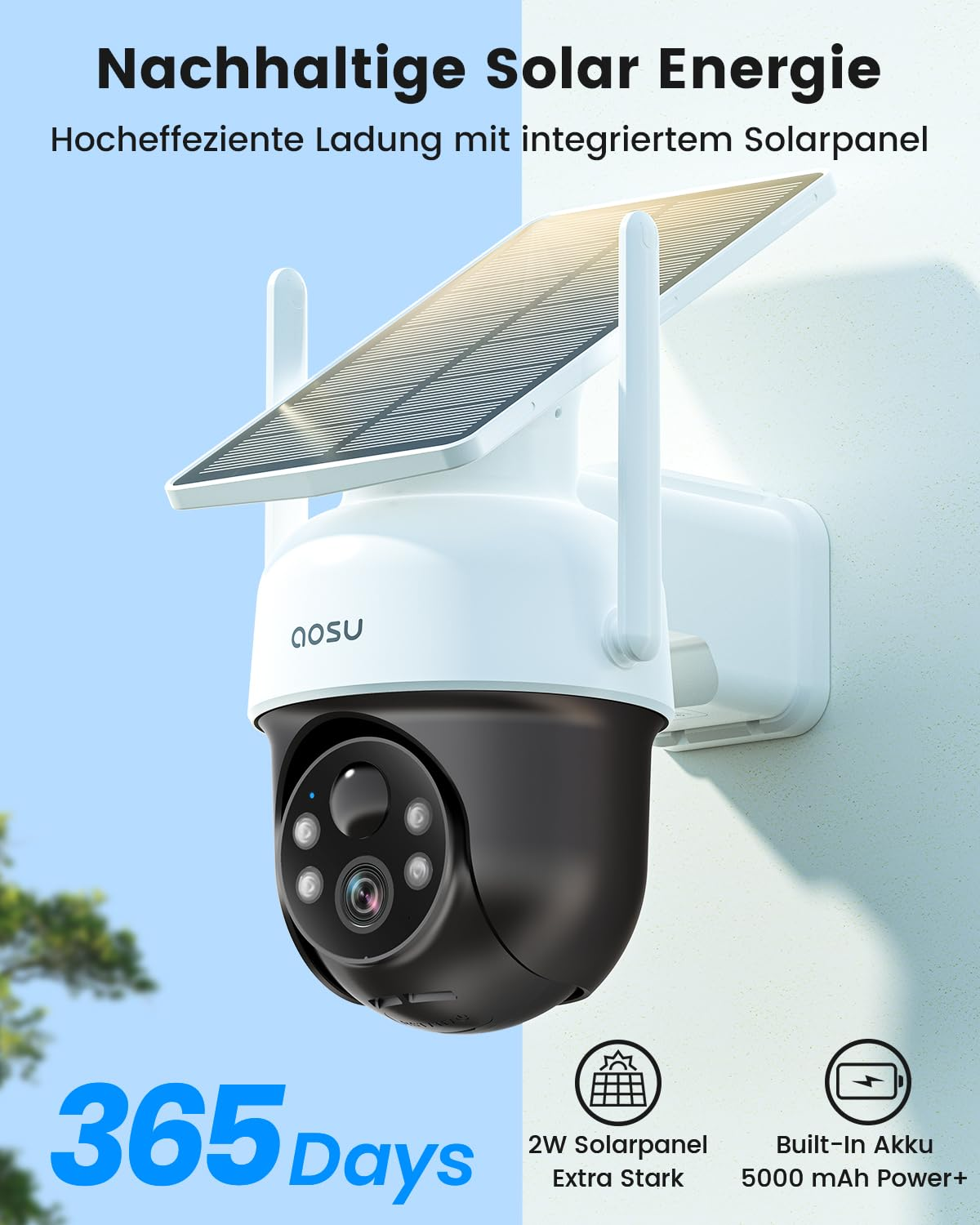 Telecamera di sicurezza bianca alimentata ad energia solare su una parete.