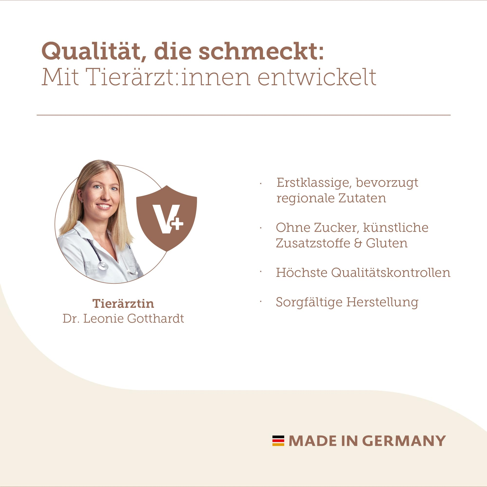 Eine Anzeige mit Tierärztin Dr. Leonie Gotthardt, einem Schild-Logo, Stichpunkten und 'Made in Germany'.