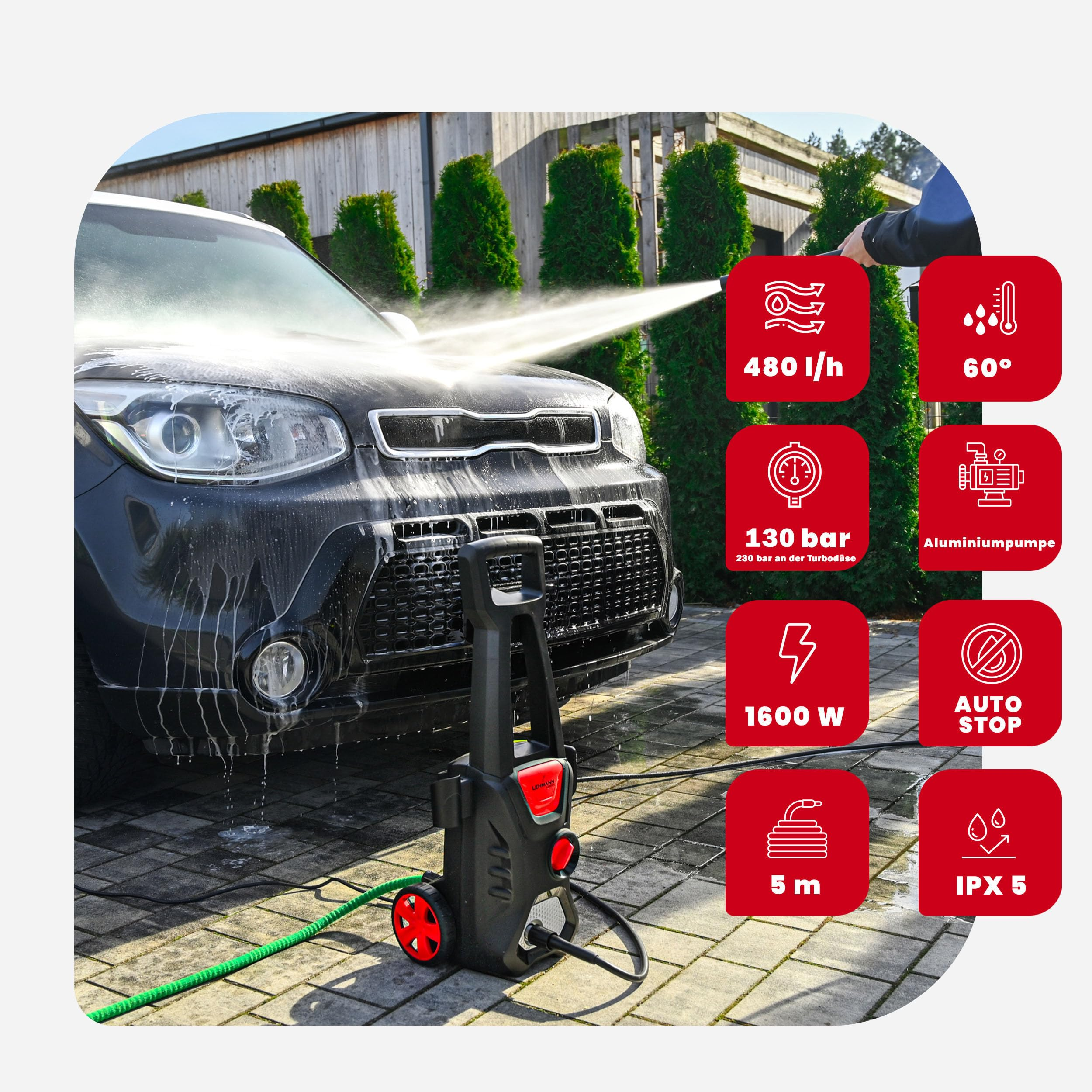 Una idropulitrice lava un'auto nera, circondata da icone rosse su pavimentazione grigia.