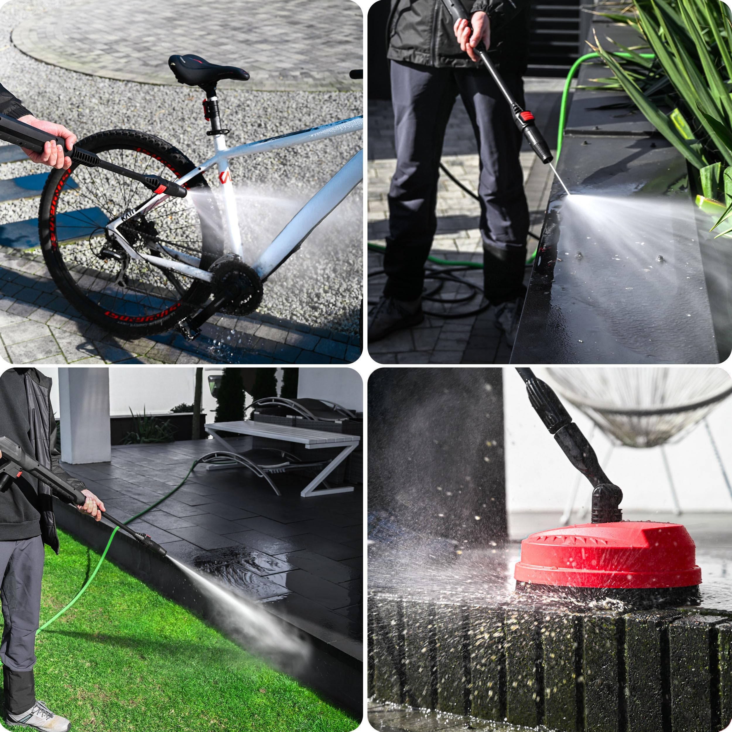 Un collage che mostra l'uso di un'idropulitrice per pulire una bici e vari muri esterni.