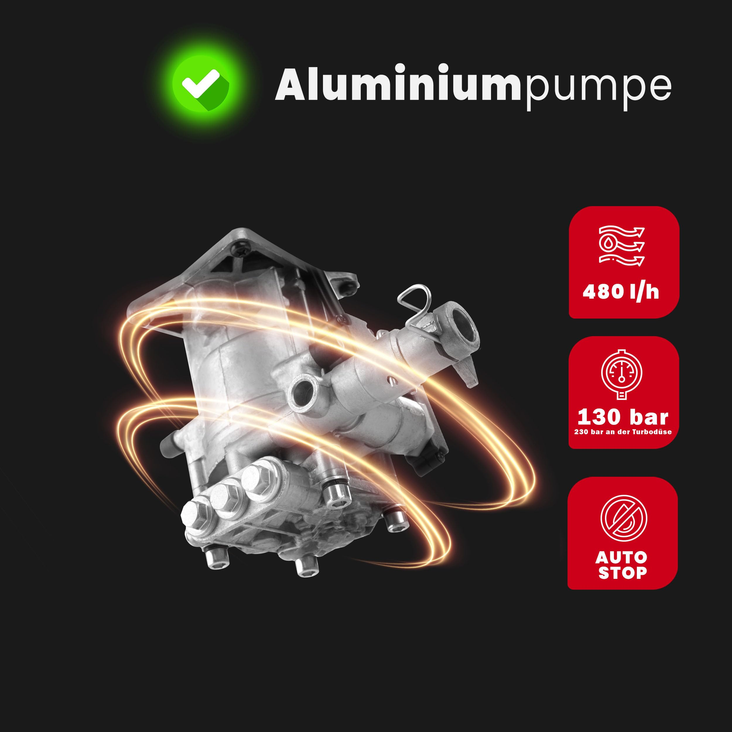 Pompa in alluminio con anelli luminosi, 480 l/h, 130 bar e arresto automatico su sfondo nero.