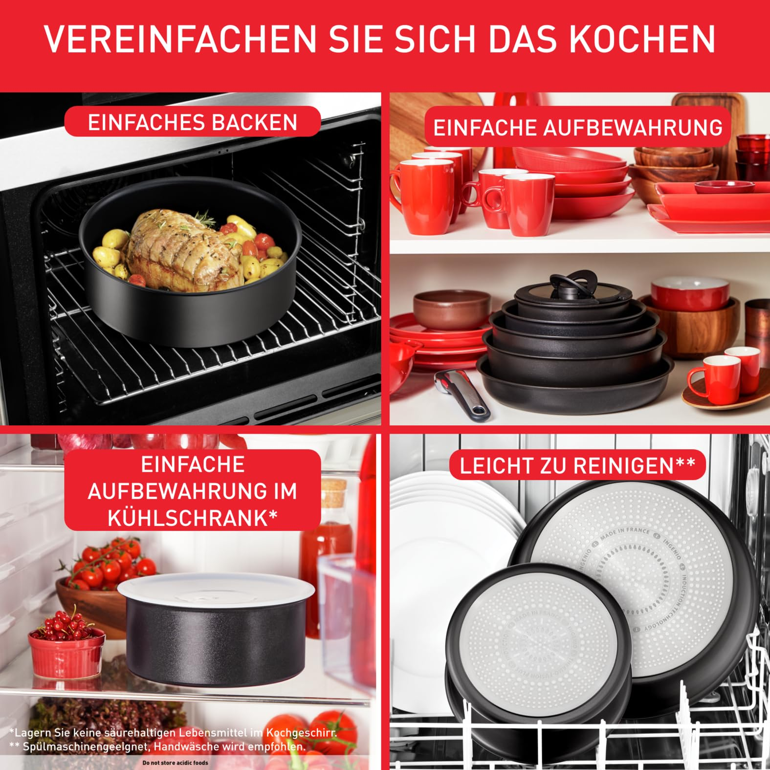 Vier Bilder zeigen Kochgeschirr beim Backen, Aufbewahren, Kühlen und Reinigen in der Spülmaschine.