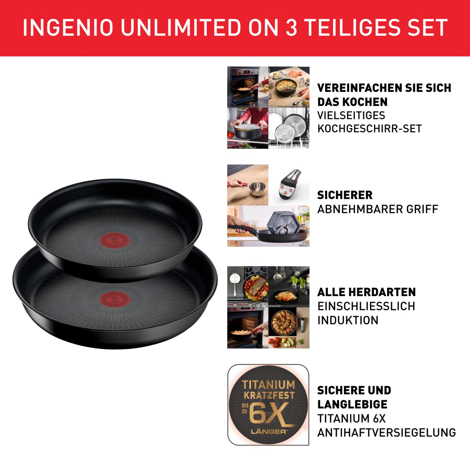 Tefal Ingenio Unlimited 3-teiliges Set mit zwei schwarzen Pfannen und abnehmbarem Griff.