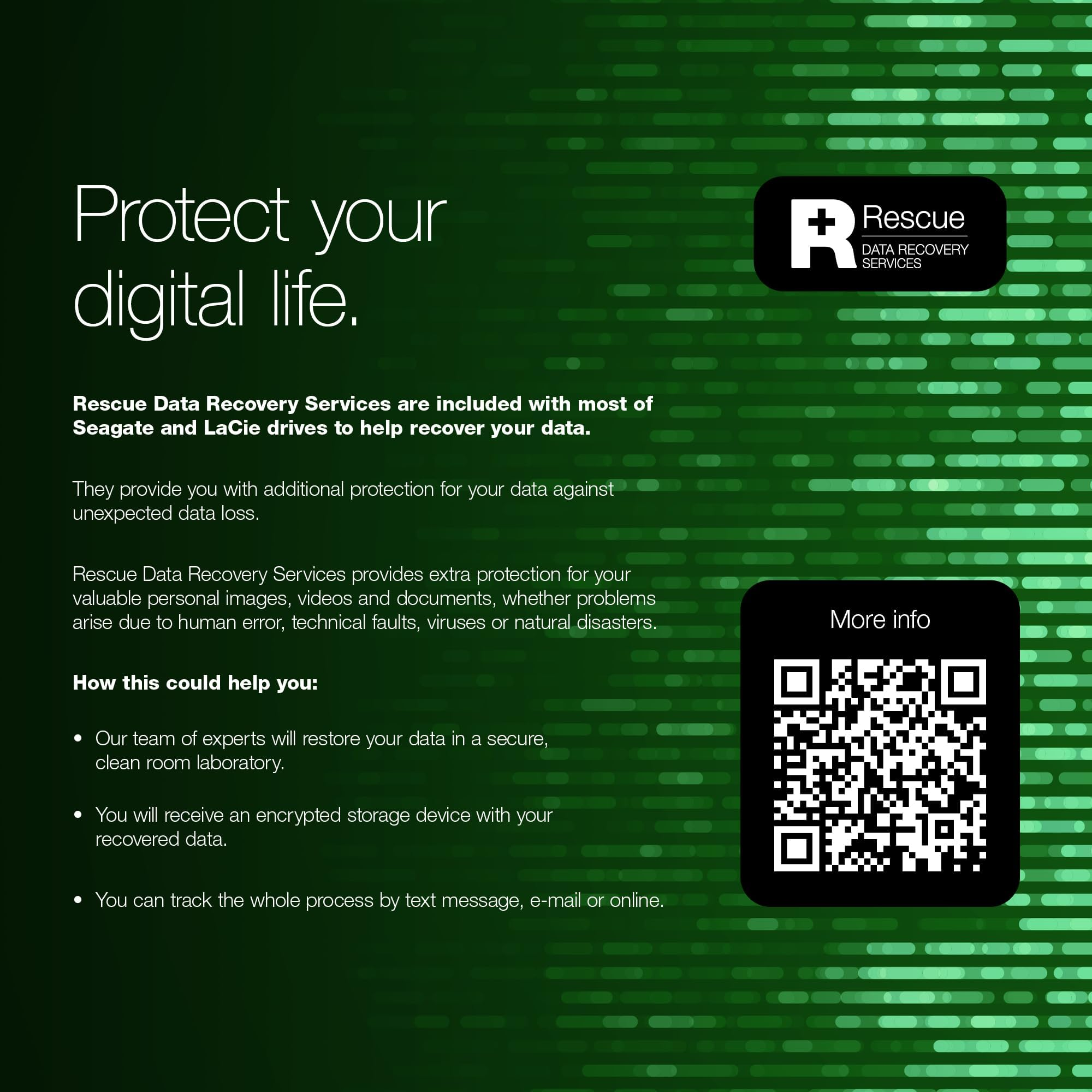 Grünes Werbebanner für Datenrettungsdienste mit Text und QR-Code.