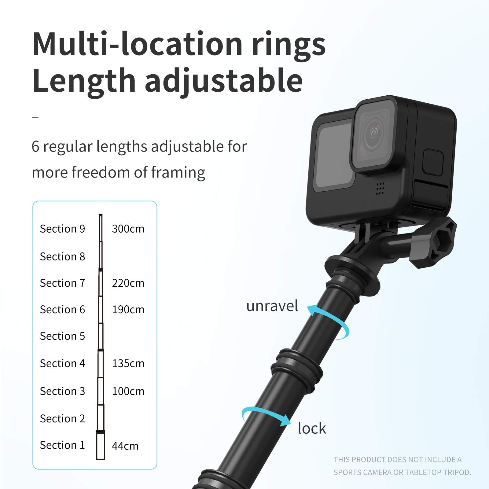 Längenverstellbarer Selfie-Stick mit 6 Stufen und montierter Kamera.