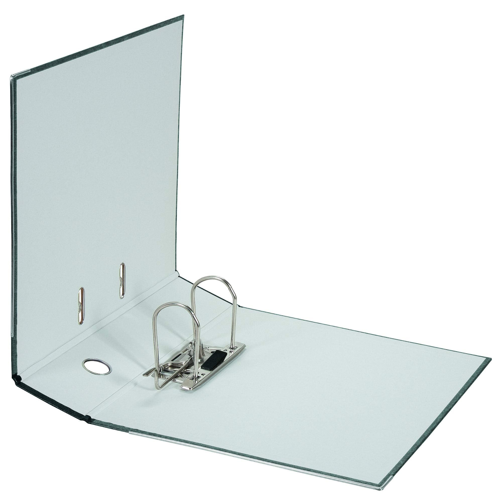 Un raccoglitore ad anelli grigio aperto con anelli metallici e interno chiaro su sfondo bianco.