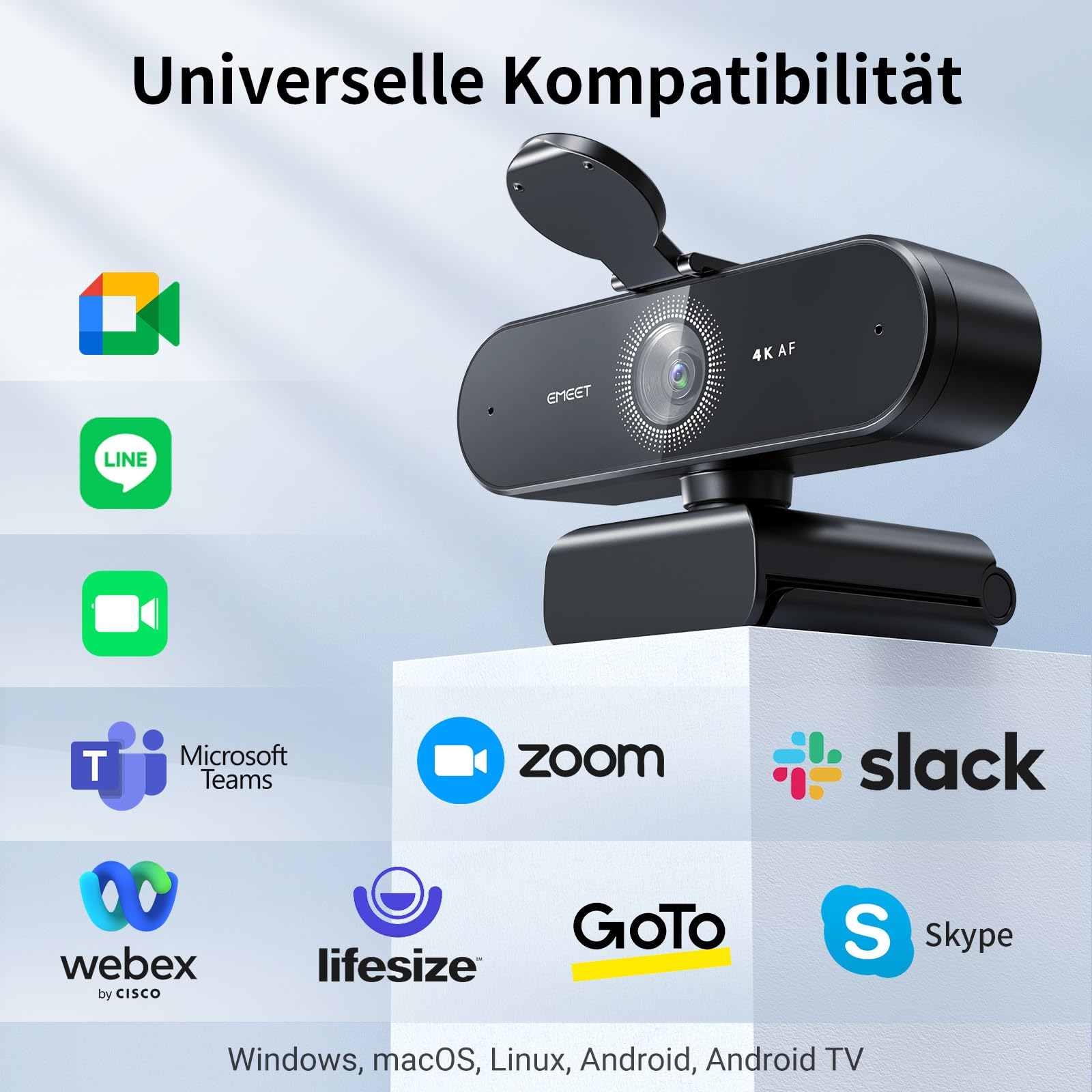 Una webcam 4K nera su supporto bianco circondata dai loghi di varie app di videoconferenza.