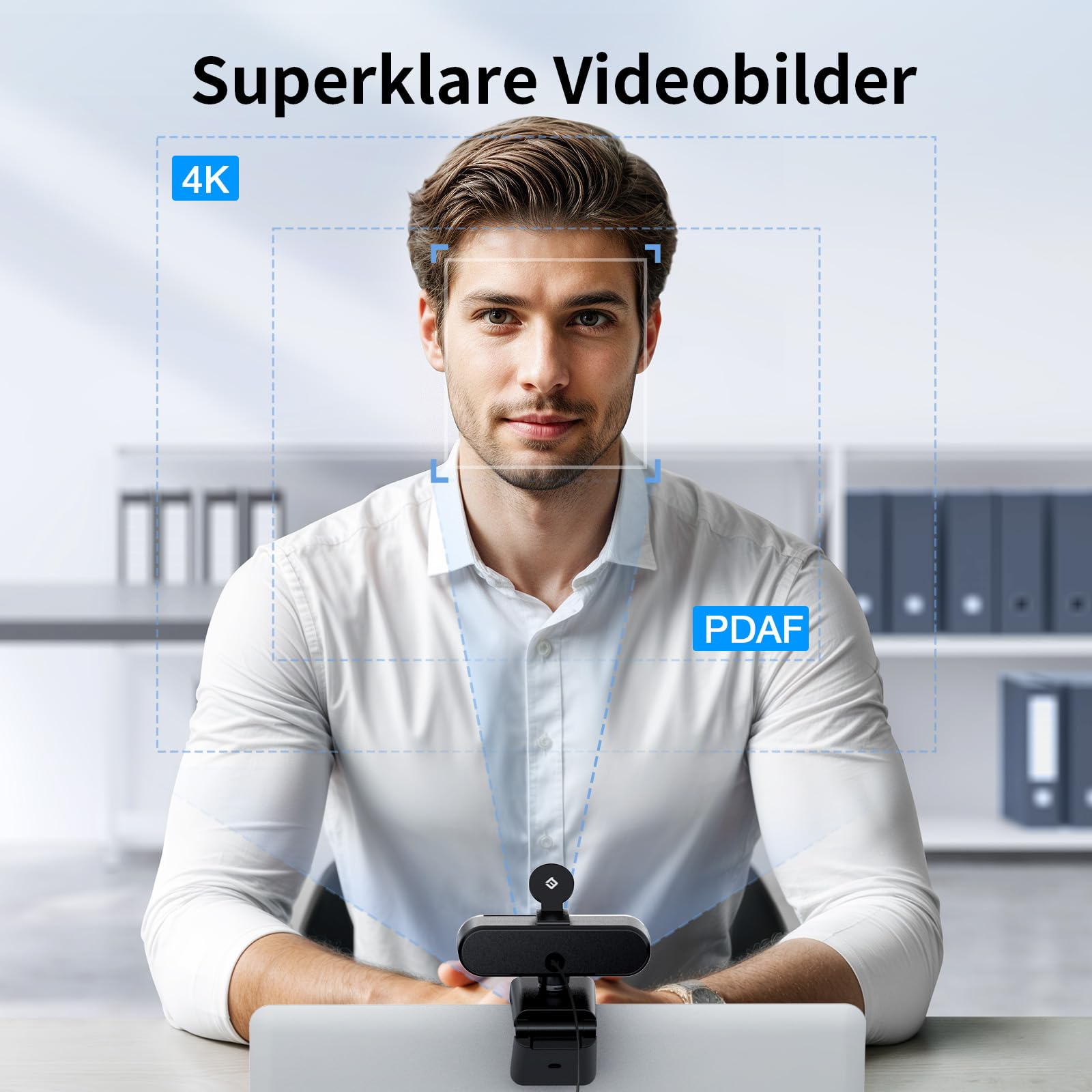 Un uomo siede davanti a una webcam con tecnologia 4K e PDAF.