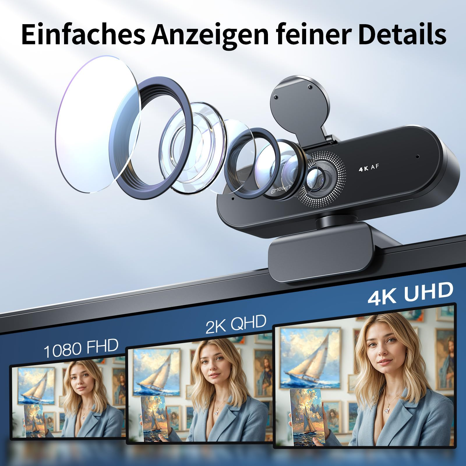 Una webcam 4K con elementi di lenti esplosi che confronta la nitidezza tra 1080p, 2K e 4K.