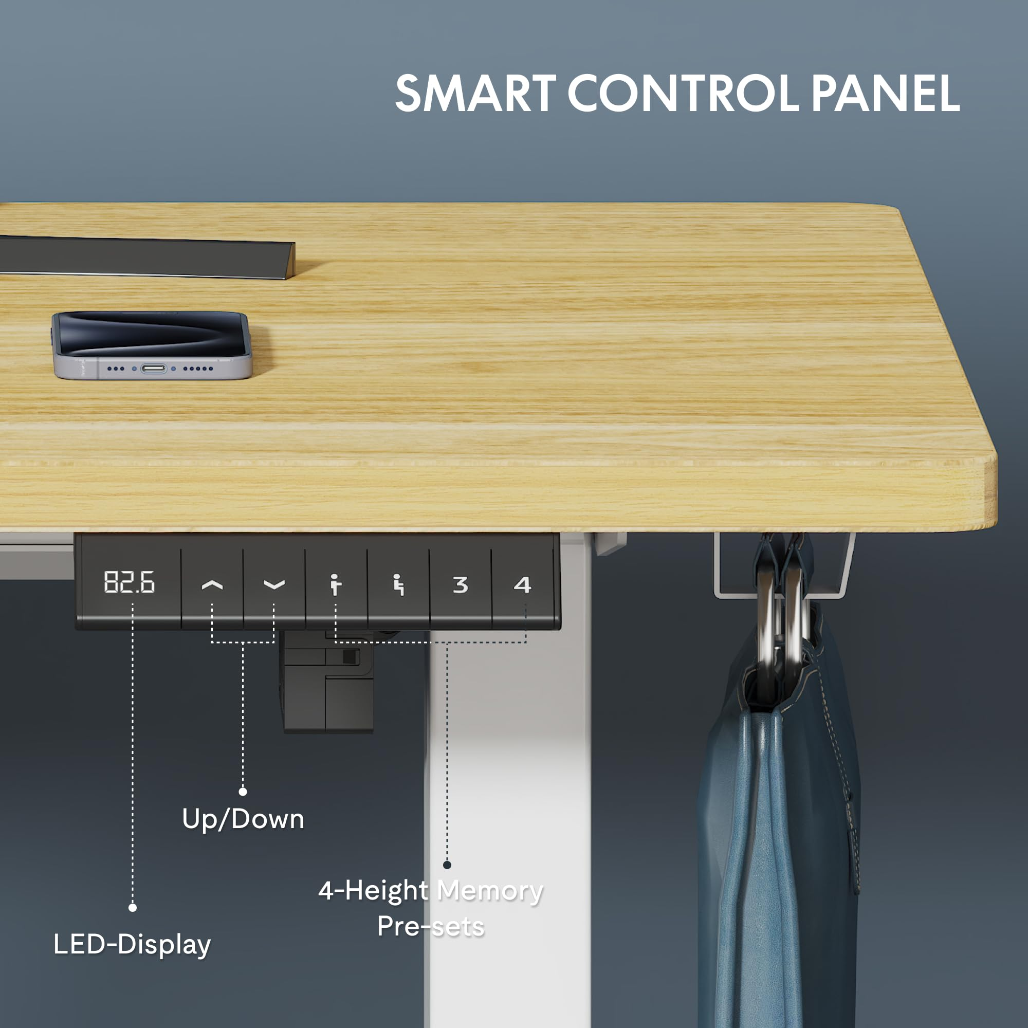 Intelligentes Bedienfeld eines Stehpults mit LED-Display, Pfeiltasten und vier Höhenspeicherplätzen.