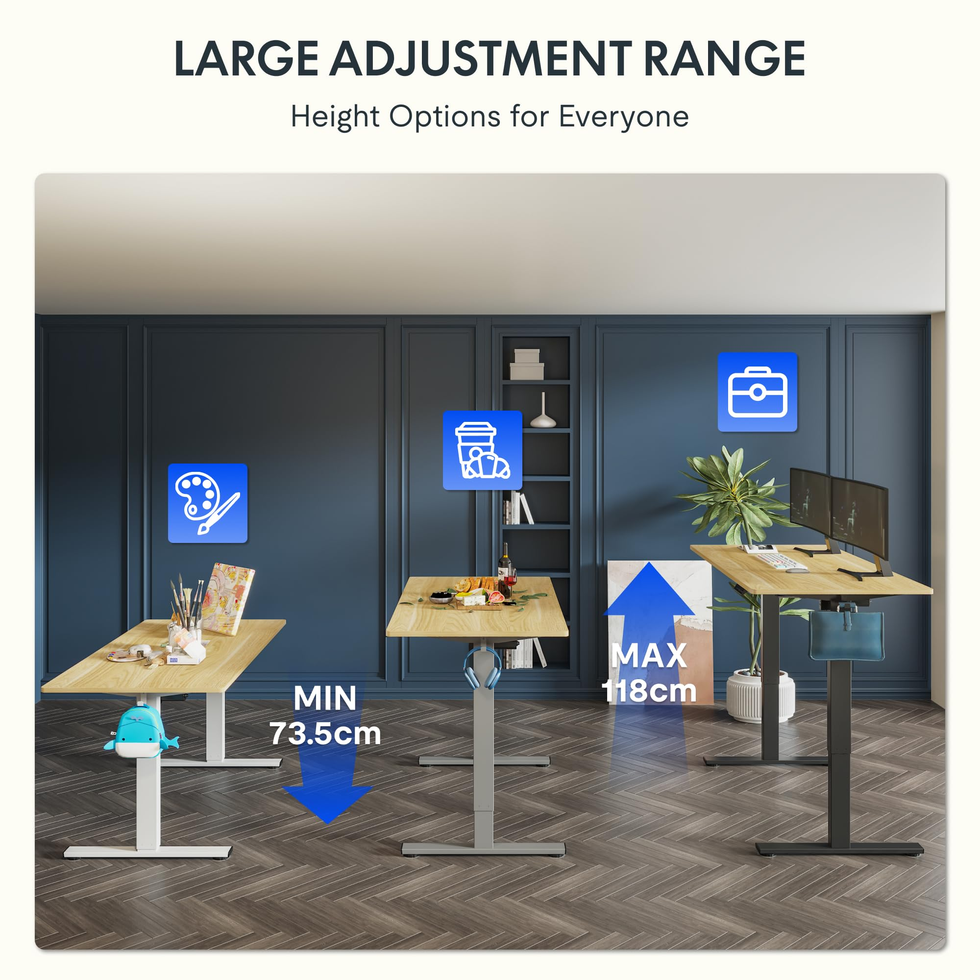Drei höhenverstellbare Schreibtische mit Holzplatte vor einer blauen Wand zeigen den Verstellbereich von 73,5cm bis 118cm.