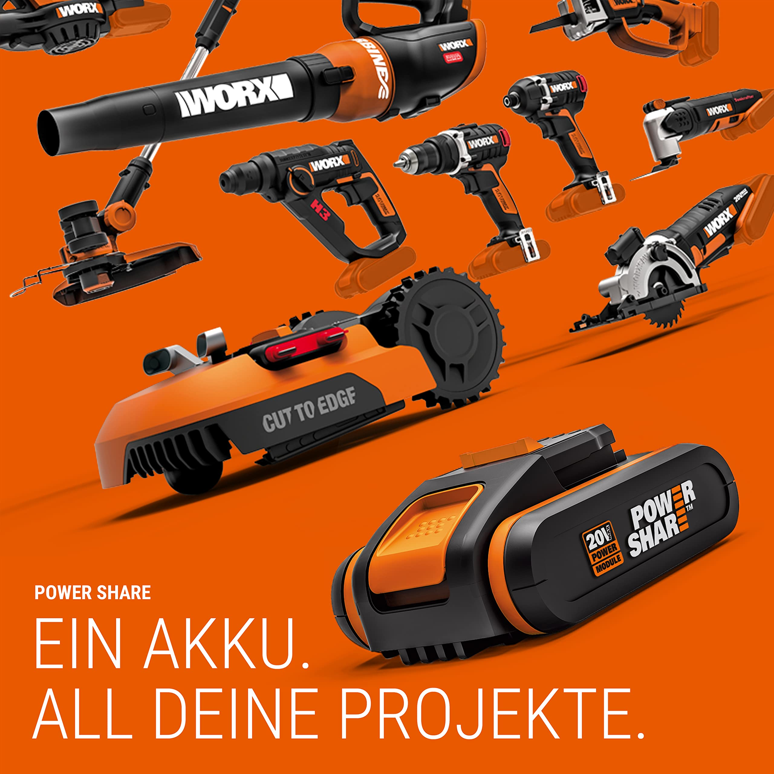 Verschiedene orange-schwarze Worx Werkzeuge und eine Power Share Batterie auf orangefarbenem Hintergrund.