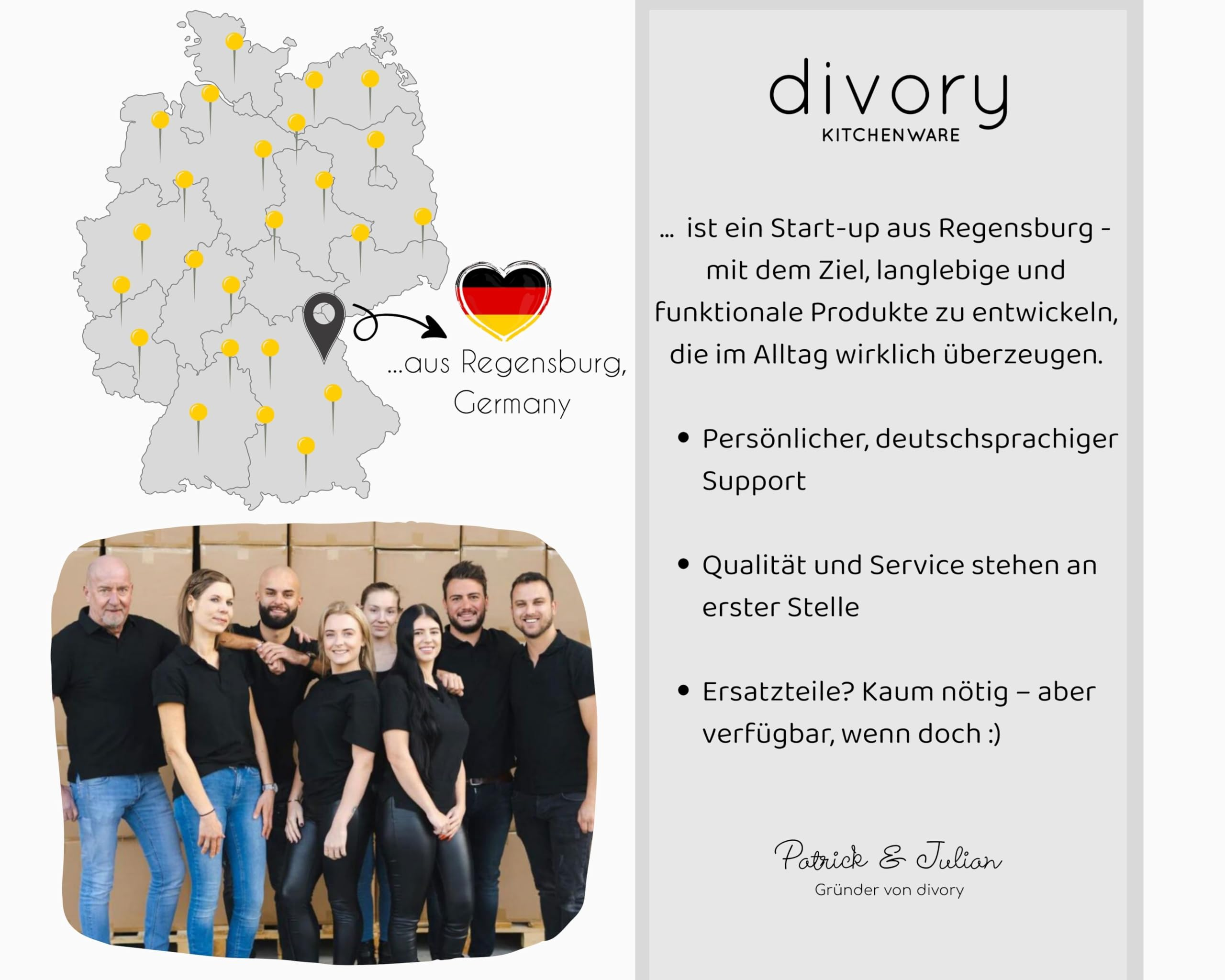 Divory Kitchenware Start-up aus Regensburg mit Teamfoto vor Kartons und Deutschlandkarte.