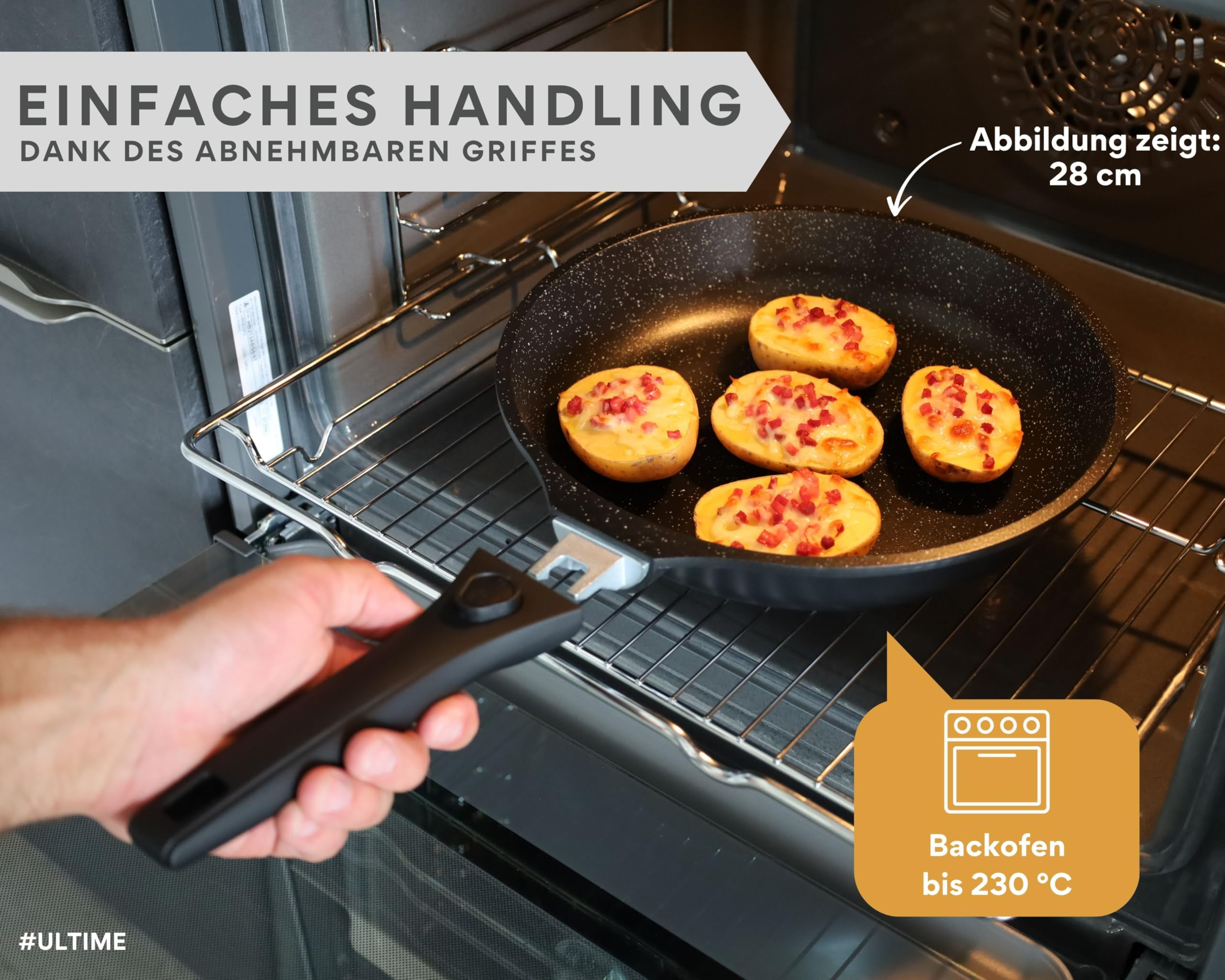 Eine Hand schiebt eine Pfanne mit Kartoffelhälften in den Ofen, überlagert mit Werbetexten.