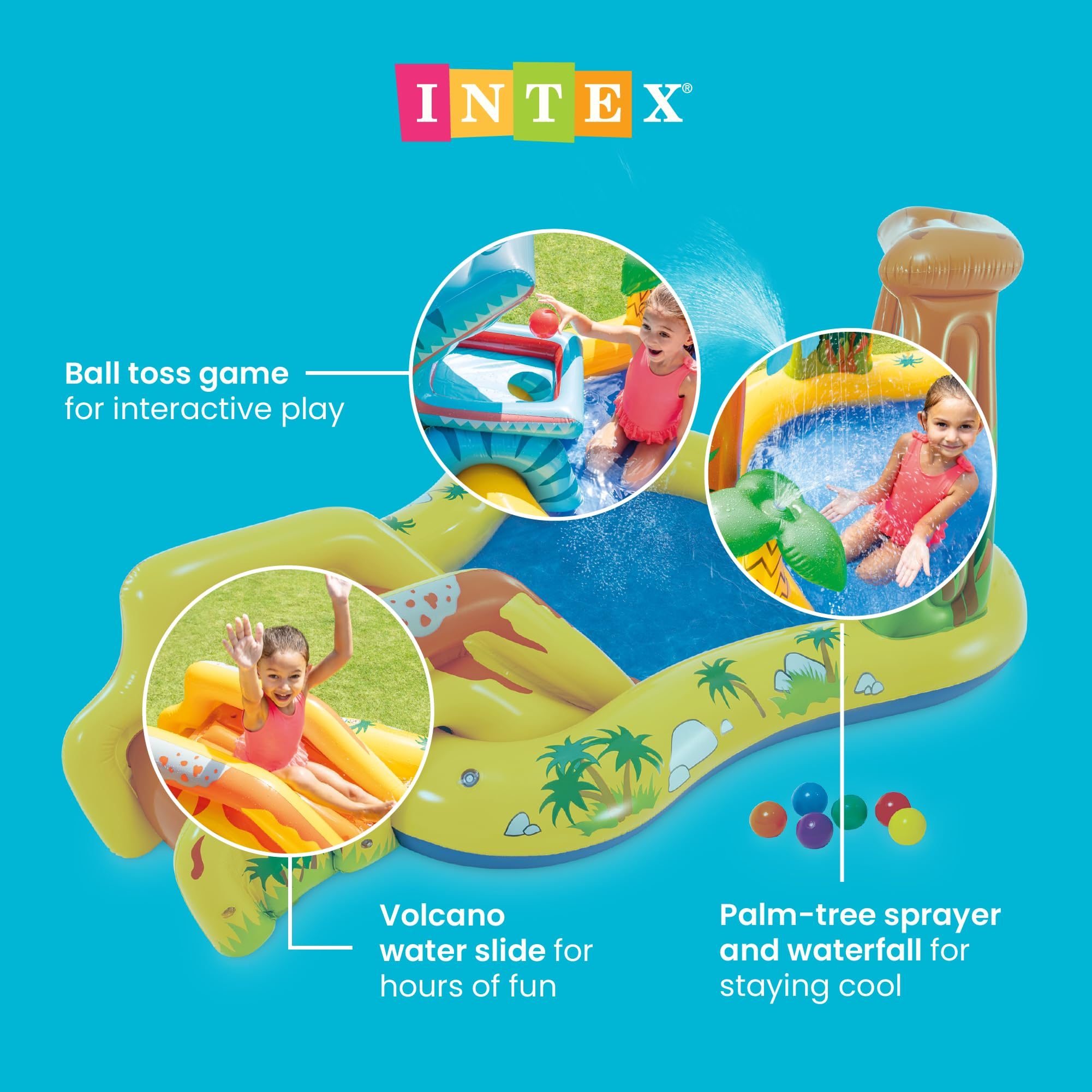 Piscina gonfiabile Intex con scivolo, vulcano, spruzzatore a palma e gioco di palline, mostrata in tre inserti.
