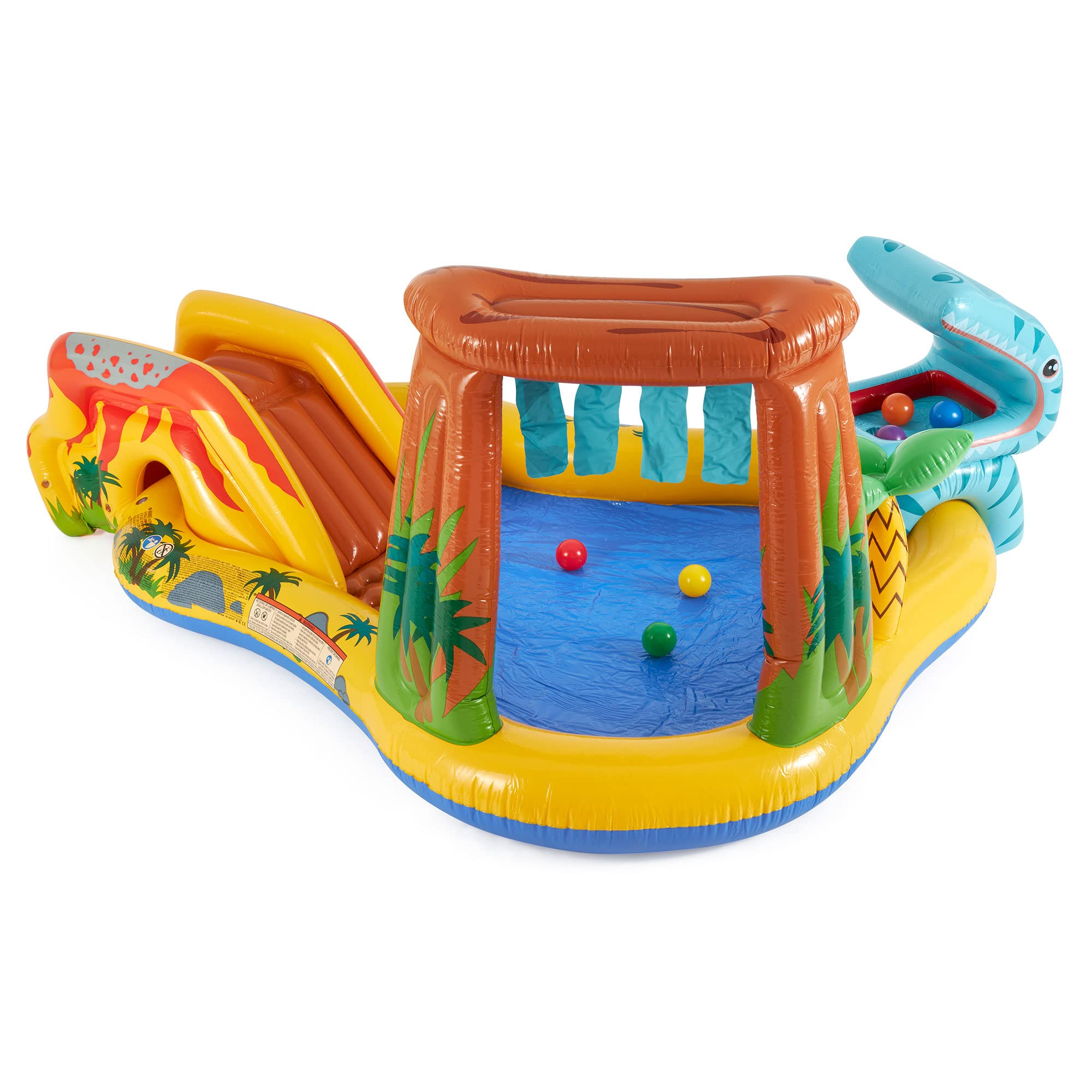 Centro giochi d'acqua gonfiabile a tema dinosauro con scivolo, piscina blu, strisce pendenti e palline colorate.