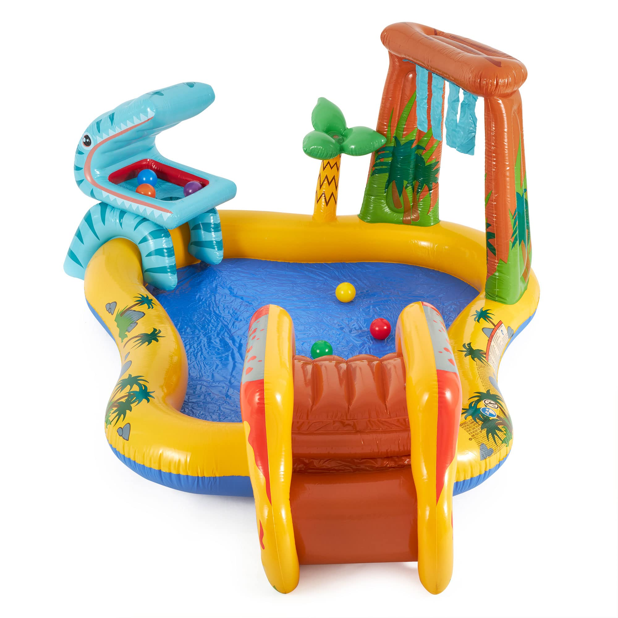 Colorata piscina gonfiabile per bambini con scivolo a dinosauro, palme e palline.