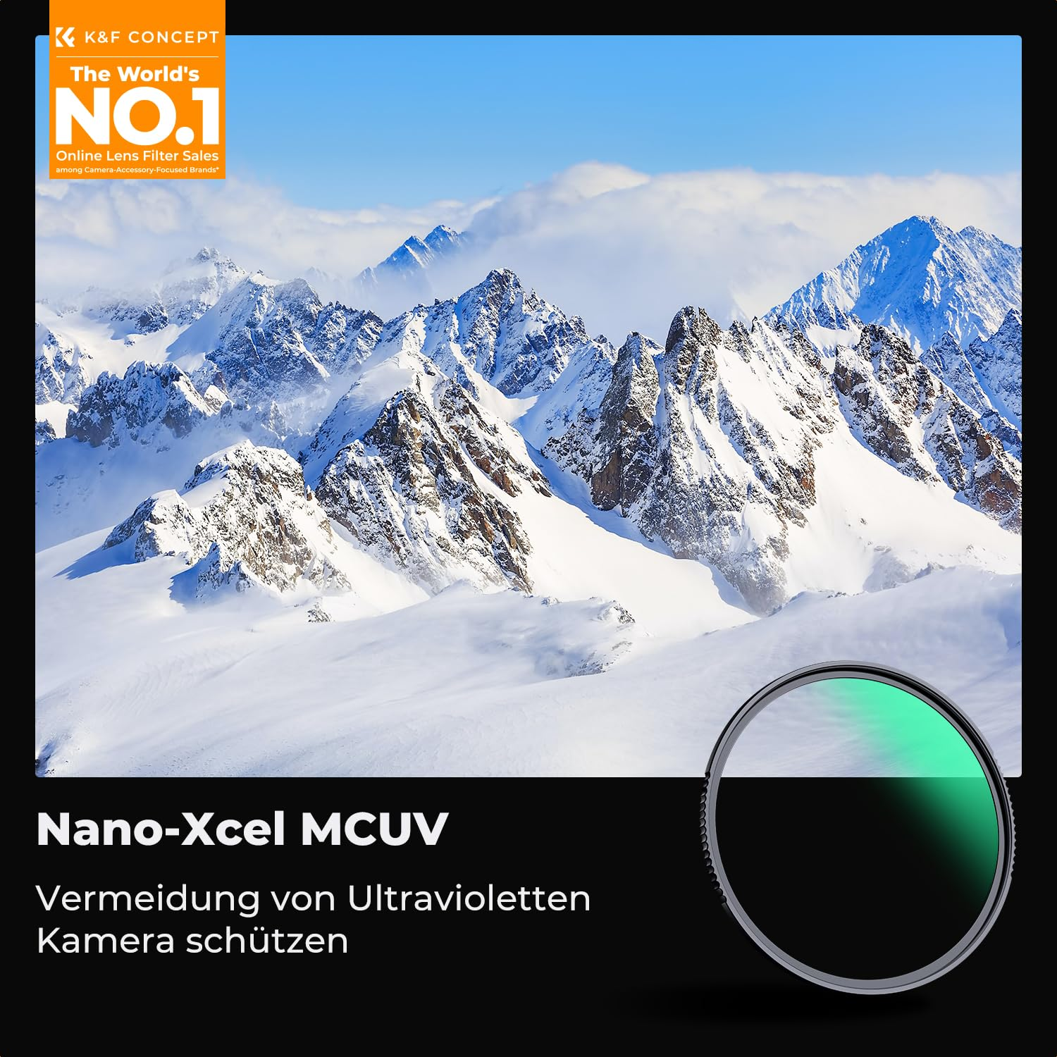 Schneebedeckte Bergkette unter blauem Himmel mit einem UV-Filter im Vordergrund und Produkttext.
