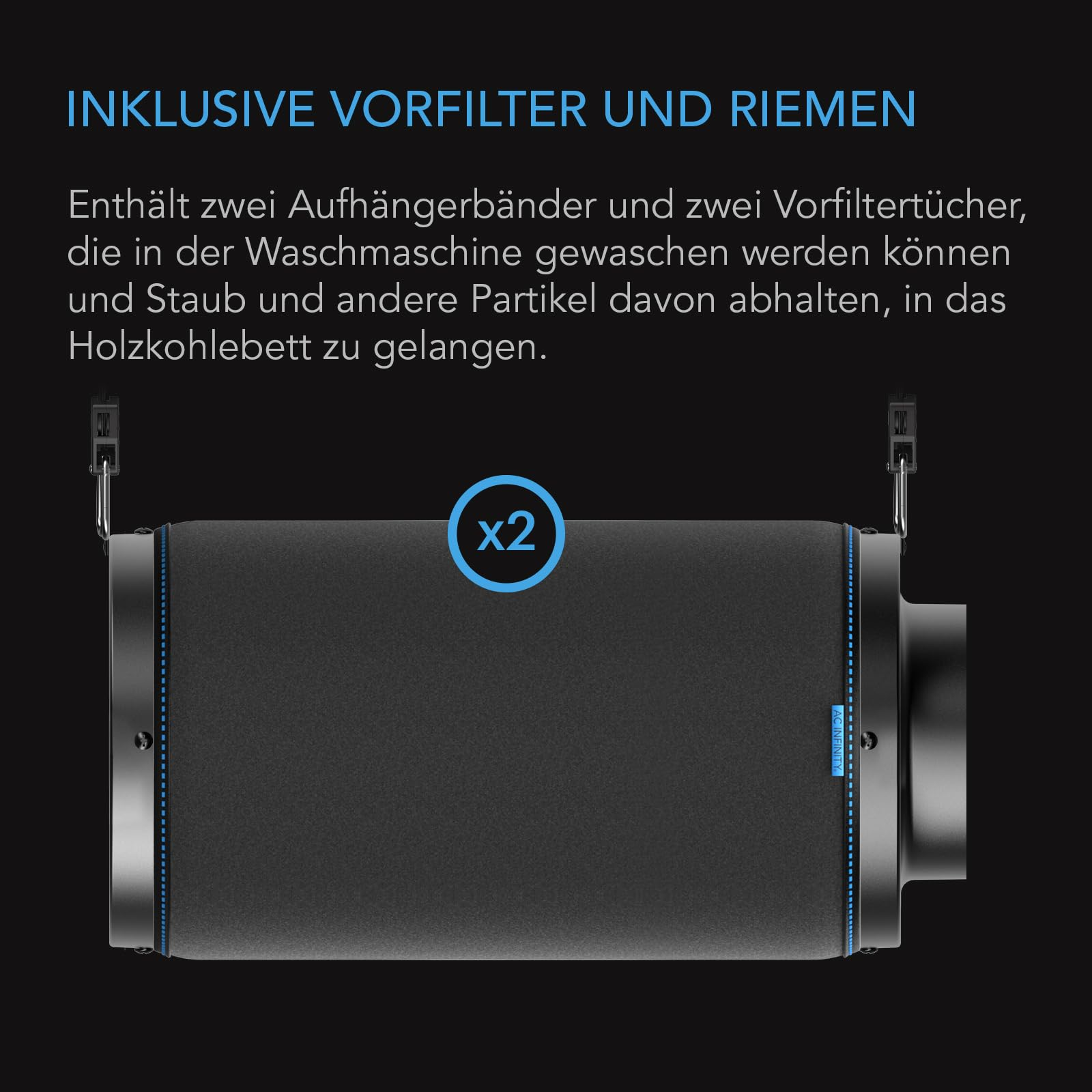 Produktbild eines zylindrischen Filters mit Hängegurten und Text auf Deutsch.