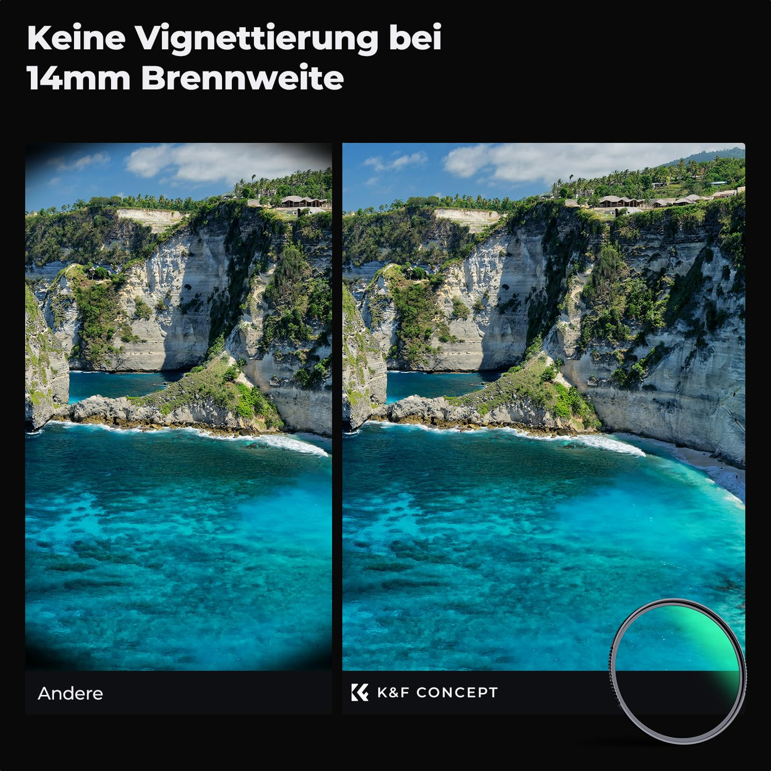 Vergleich zweier Küstenfotos zeigt die Reduzierung von Vignettierung bei 14mm.
