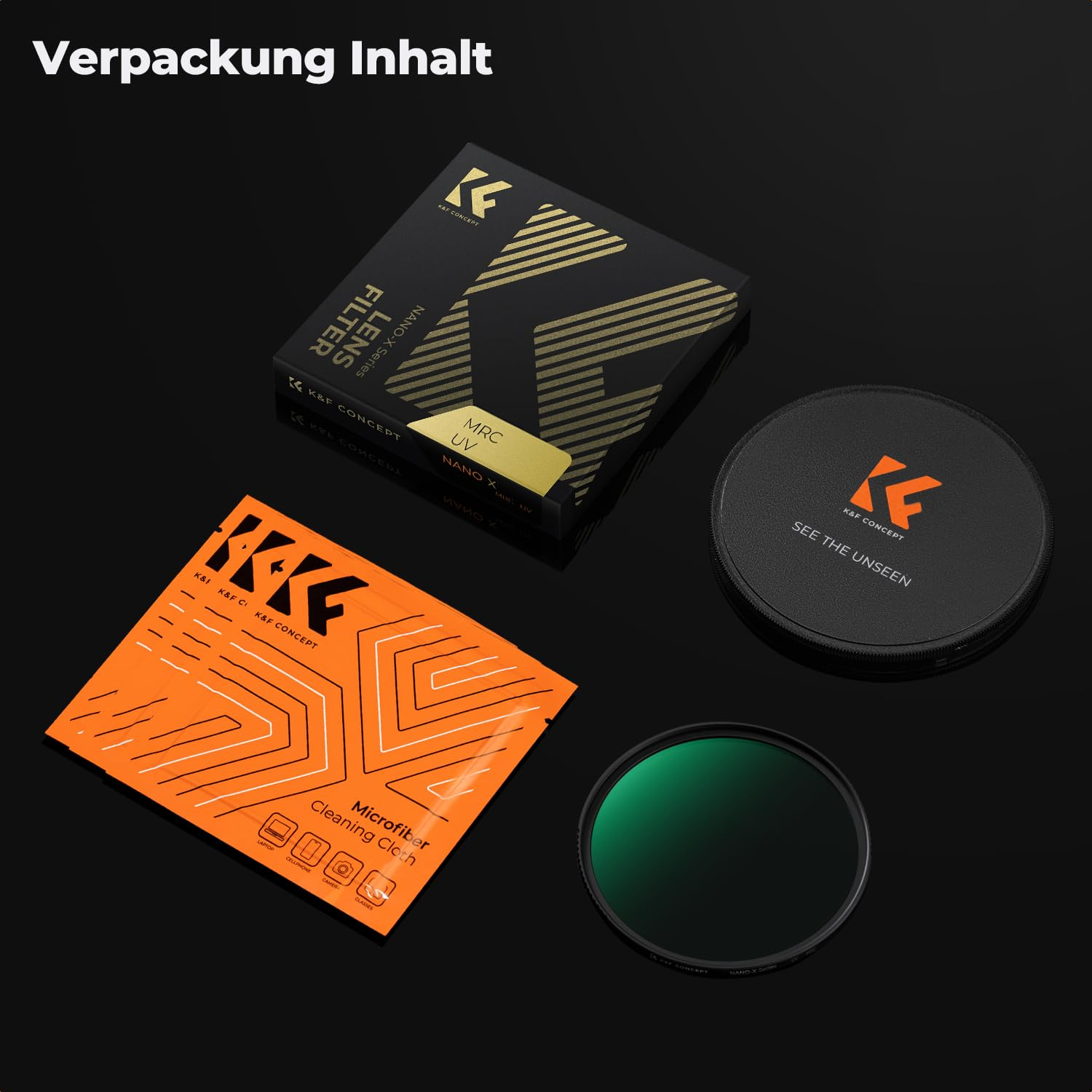 Verpackungsinhalt: schwarze Box, orangefarbenes Mikrofasertuch, runde Filtertasche und ein runder Kamerafilter.