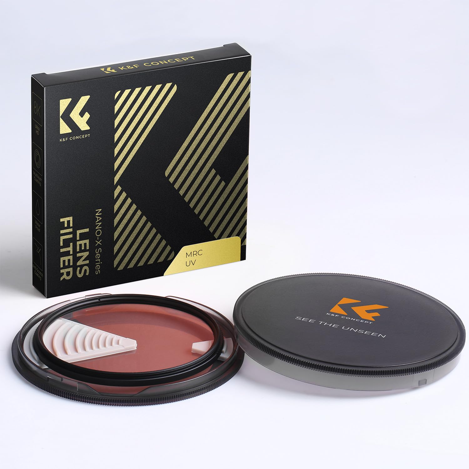 K&F Concept Nano-X UV-Objektivfilter in geöffnetem Etui, mit der Verpackungsbox links und geschlossenem Etui rechts.