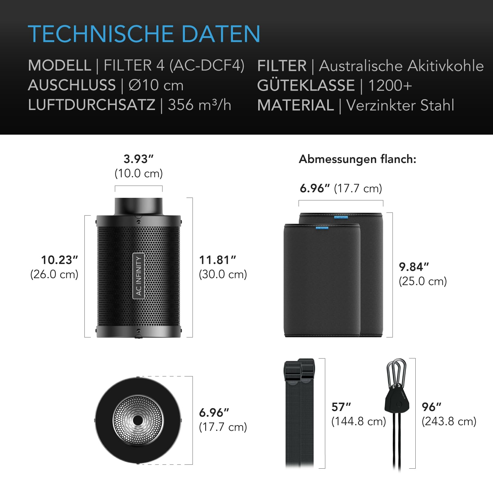 Technische Daten und Maße eines schwarzen Aktivkohlefilters mit Zubehör wie Gurten und Kanten.