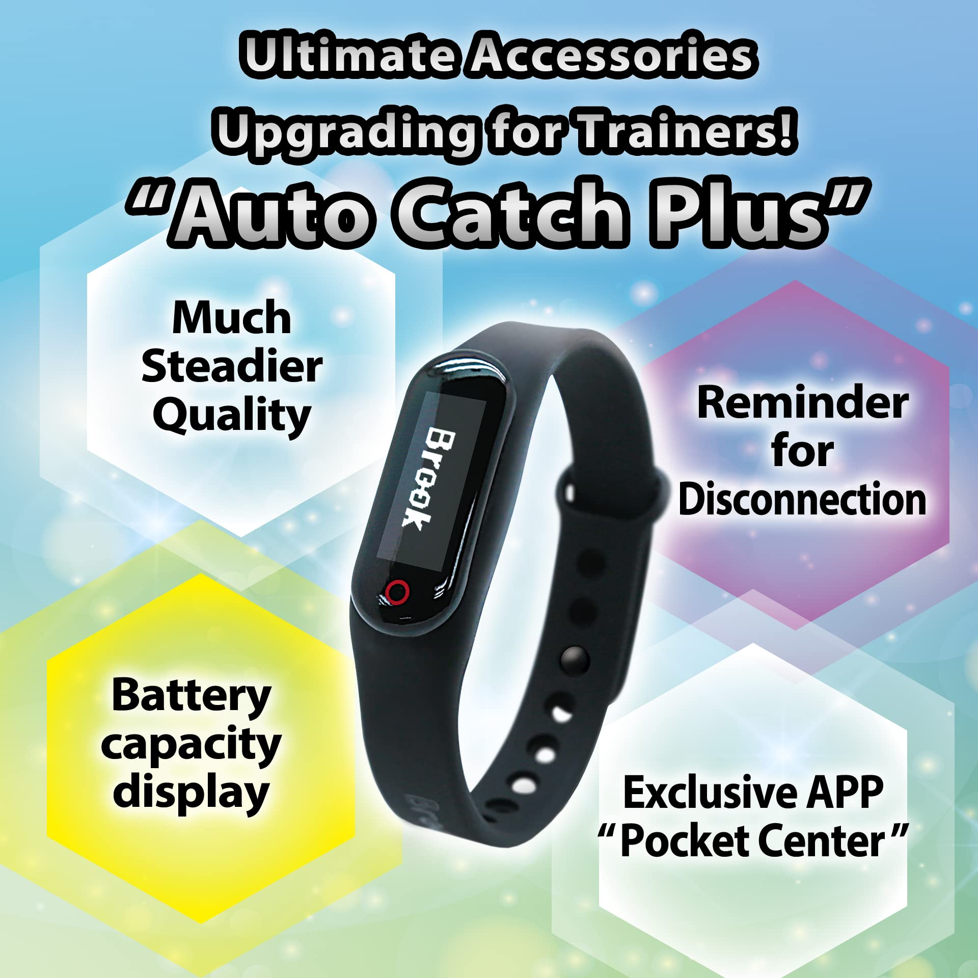 Ein Auto Catch Plus Fitnessarmband, umgeben von Funktionsfeldern vor blau-grünem Farbverlauf.